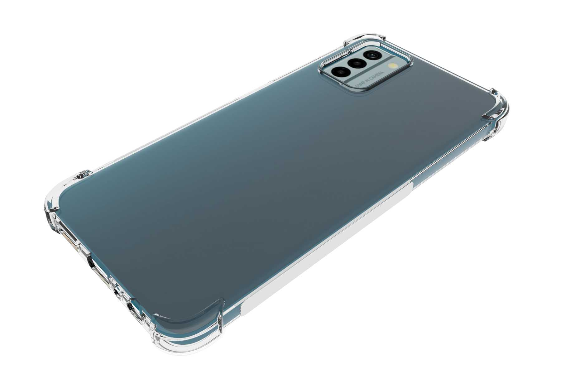 Die Rückseite eines Smartphones mit einer durchsichtigen Schutzhülle. Die Kamera ist sichtbar.