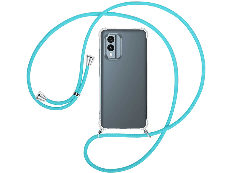 Nokia, MORE Türkis Backcover, 5G, X30 MTB Umhänge-Hülle silber mit ENERGY / Kordel,
