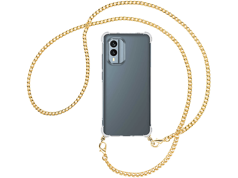 MTB MORE ENERGY Umhänge-Hülle mit Kette X30 (gold) Nokia, 5G, Metallkette, Backcover