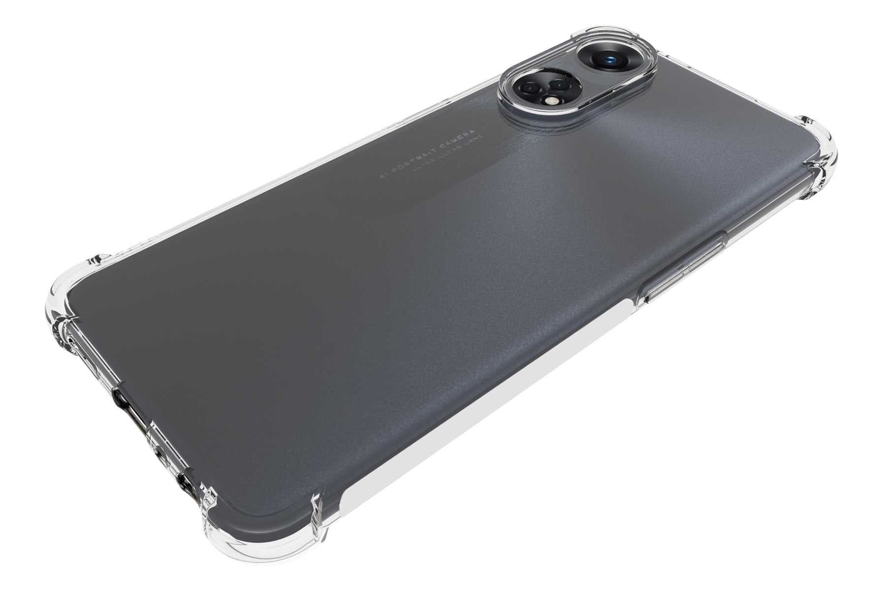Eine transparente Handyhülle auf einem grauen Telefon mit Dreifachkamera und klaren Kanten.