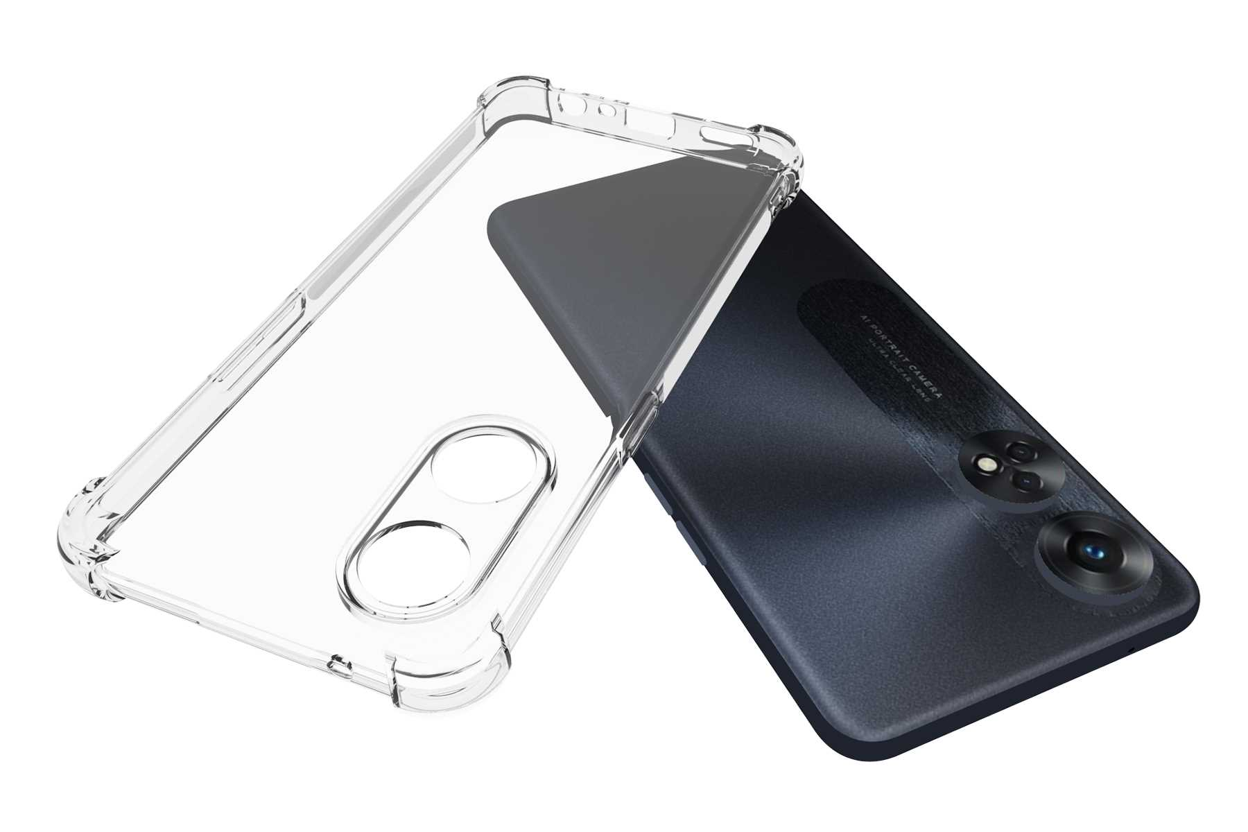 Transparente Handyhülle schützt dunkles Telefon, zeigt Kameradesign.