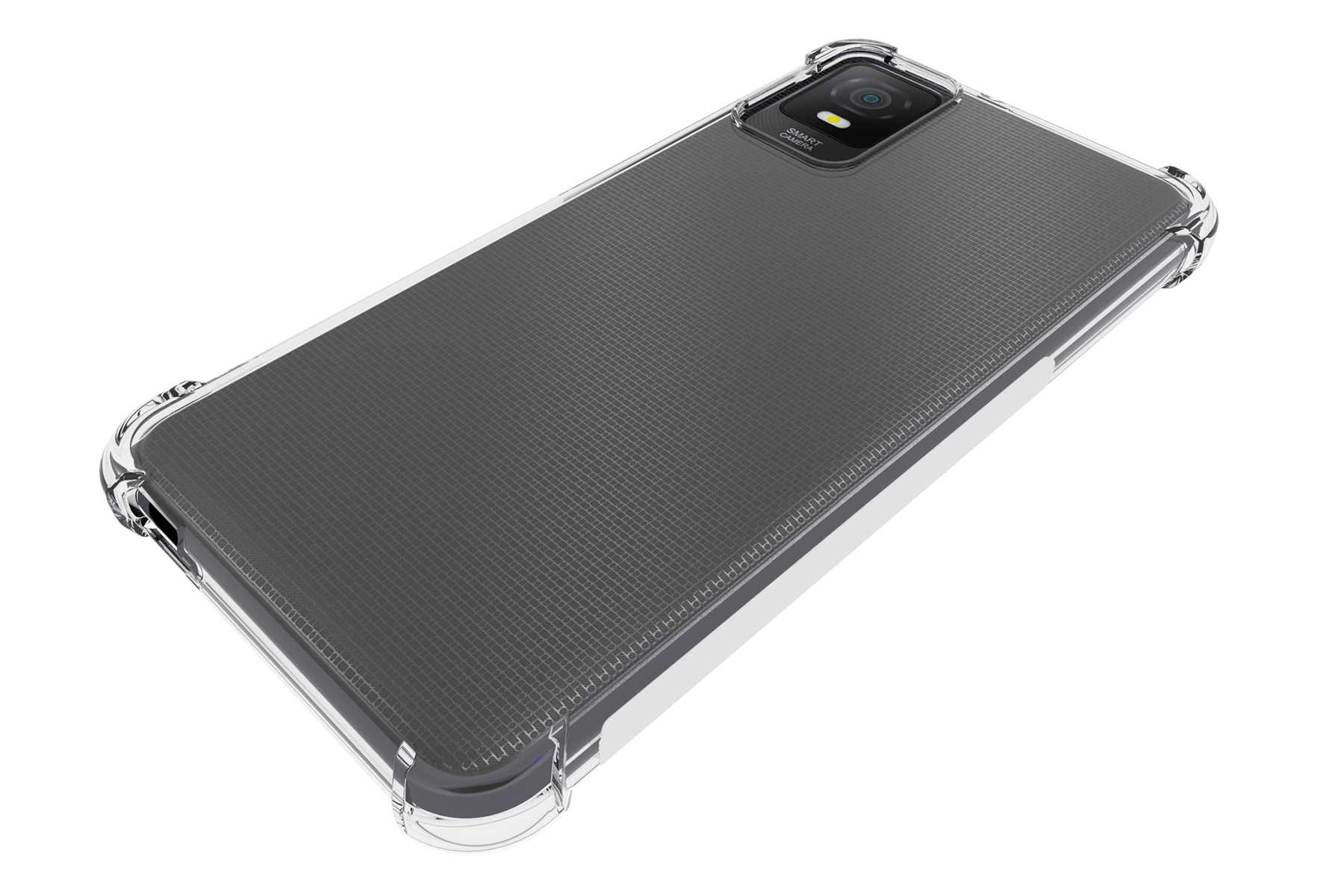 Ein Smartphone mit einer durchsichtigen Hülle. Das Telefon ist dunkelgrau, die Hülle ist transparent.