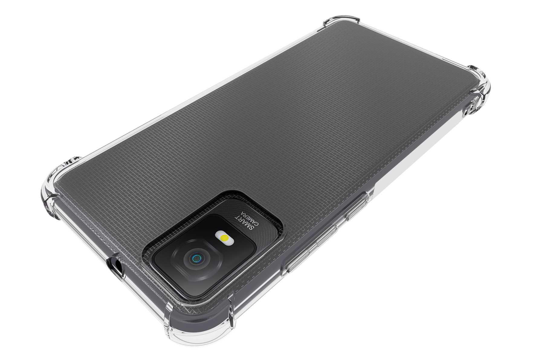 Smartphone mit transparenter Hülle. Sichtbare Kamera und Bildschirm oben.