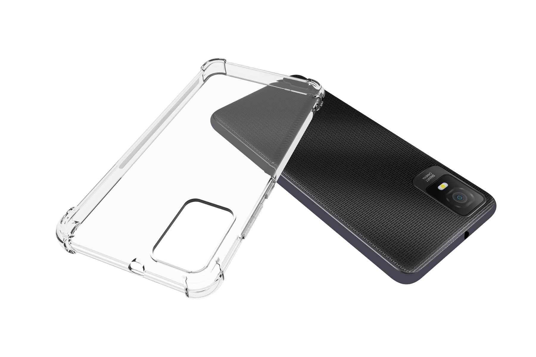 Transparente Telefonhülle, die an einem schwarzen Telefon lehnt. Die Hülle ist transparent. Das Telefon hat eine Kamera.