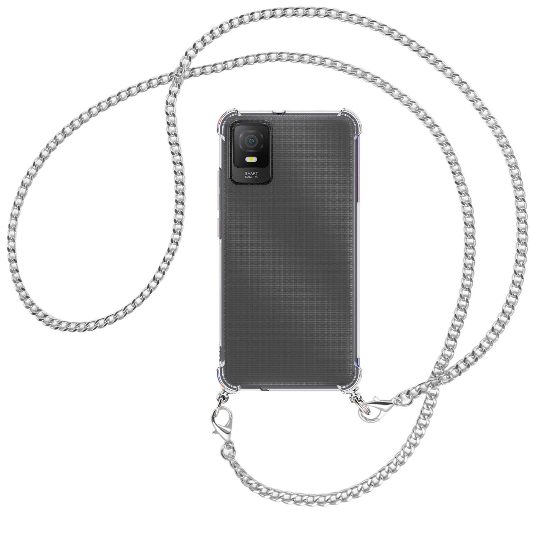 Ein Telefon mit silberner Kette. Das Telefon ist schwarz und hat eine Kamera.