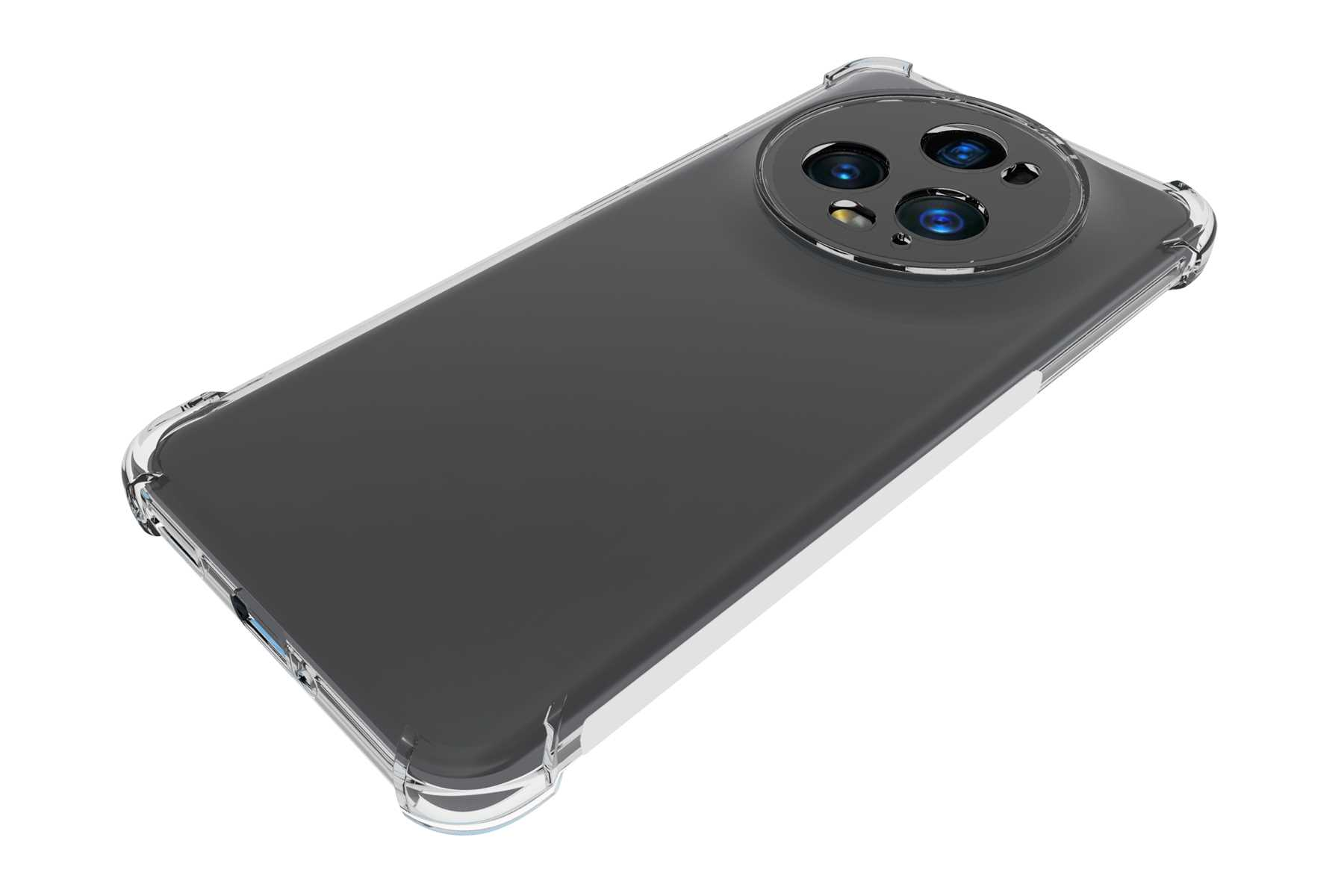 Eine transparente Handyhülle auf einem dunklen Telefon. Drei Kameralinsen sind sichtbar.