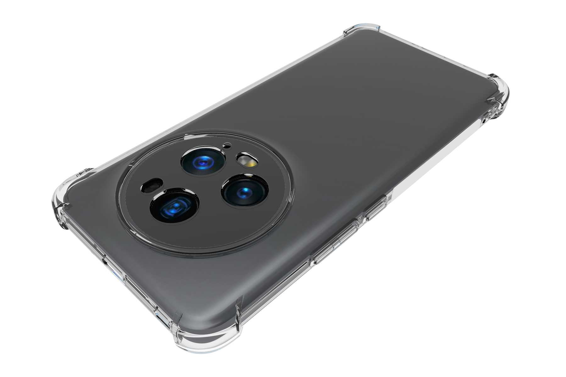Eine transparente Handyhülle auf einem Telefon. Das Telefon ist schwarz mit einem großen Kameramodul.