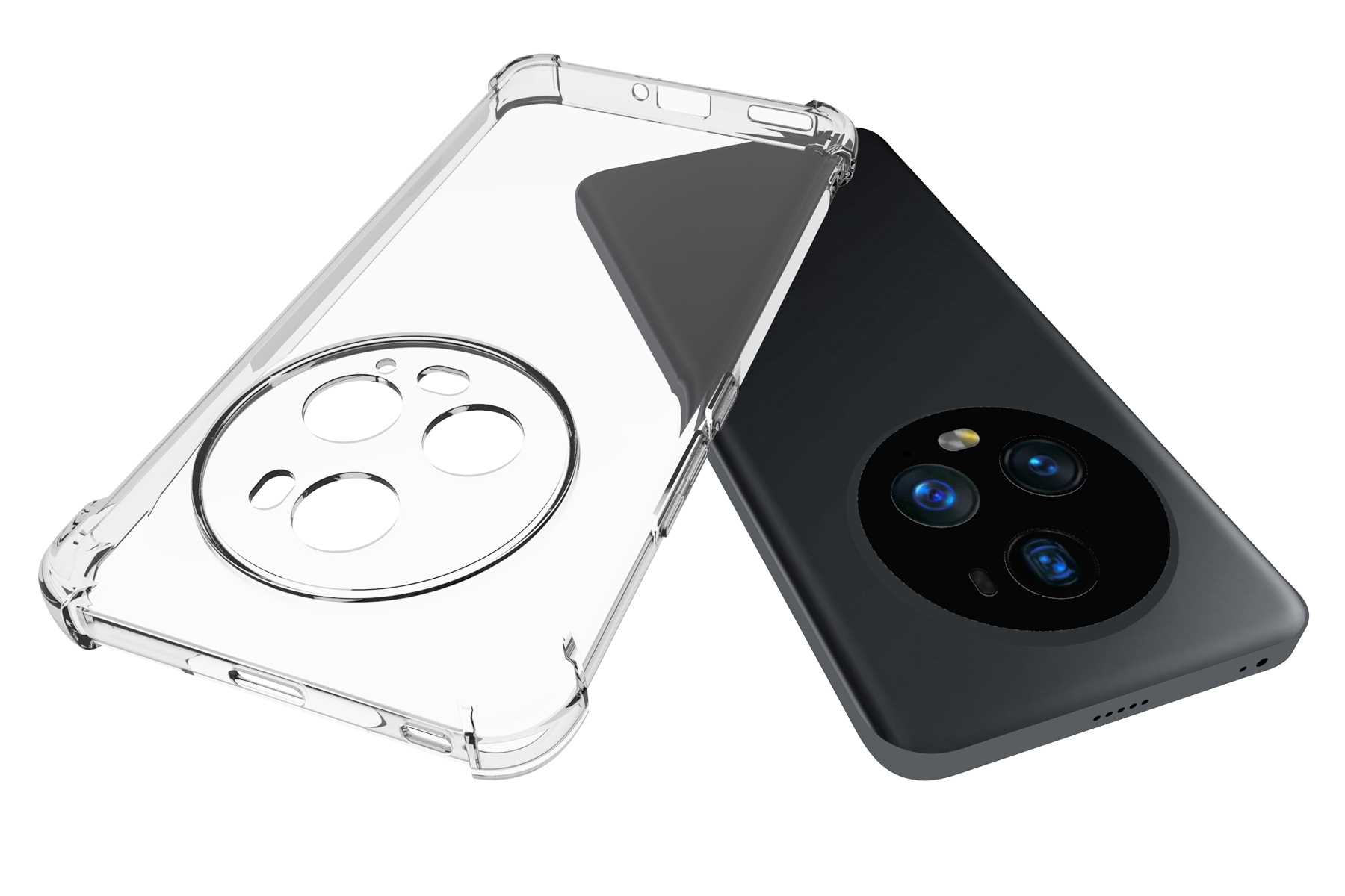 Ein schwarzes Smartphone mit einer transparenten Hülle neben einer transparenten Handyhülle.