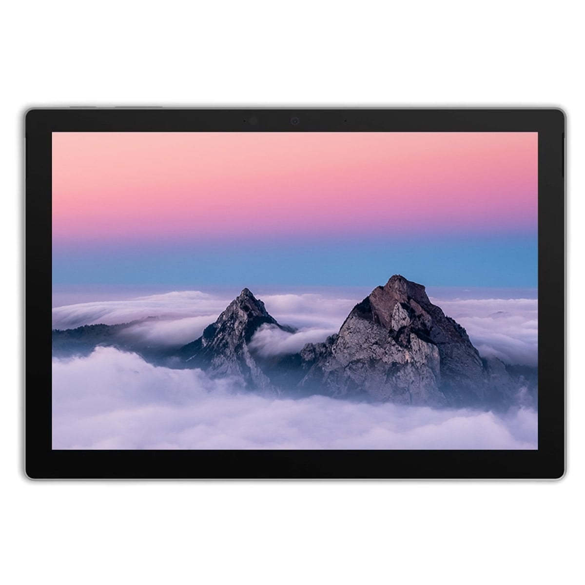 Tablet zeigt Berglandschaft über Wolken mit rosa und blauem Farbverlauf am Himmel.