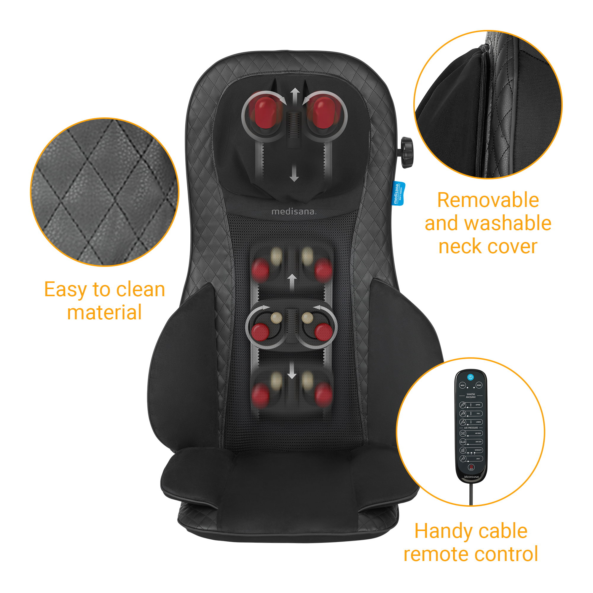 Silla de masaje con mando a distancia y detalles del material y la funda del cuello sobre fondo blanco.