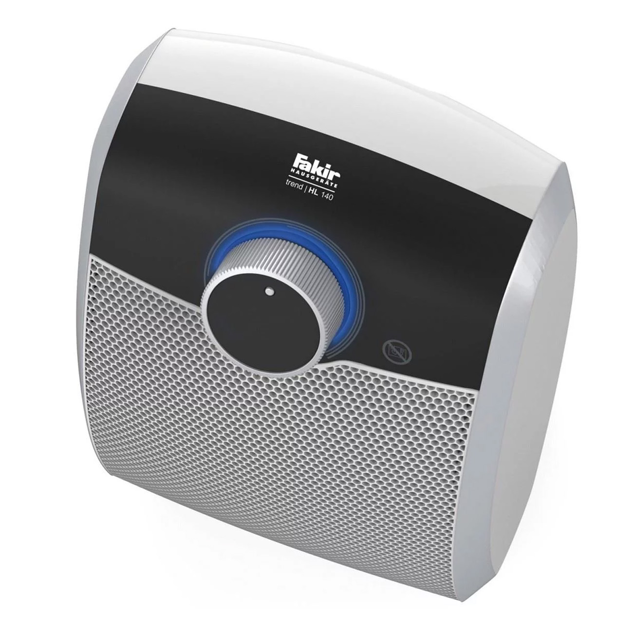 Biało-czarny grzejnik z pokrętłem i siatkowym przodem.