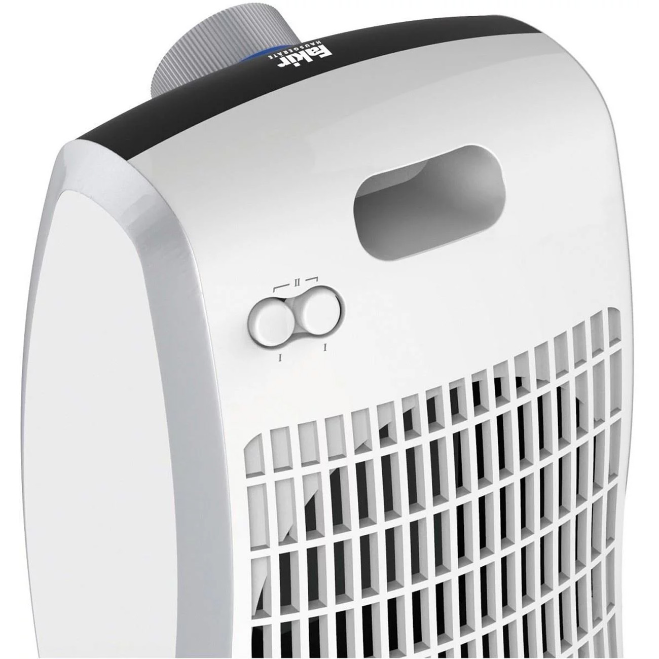 Biało-czarny wentylator wieżowy. Posiada przyciski sterowania. Wentylator jest ustawiony pod kątem.