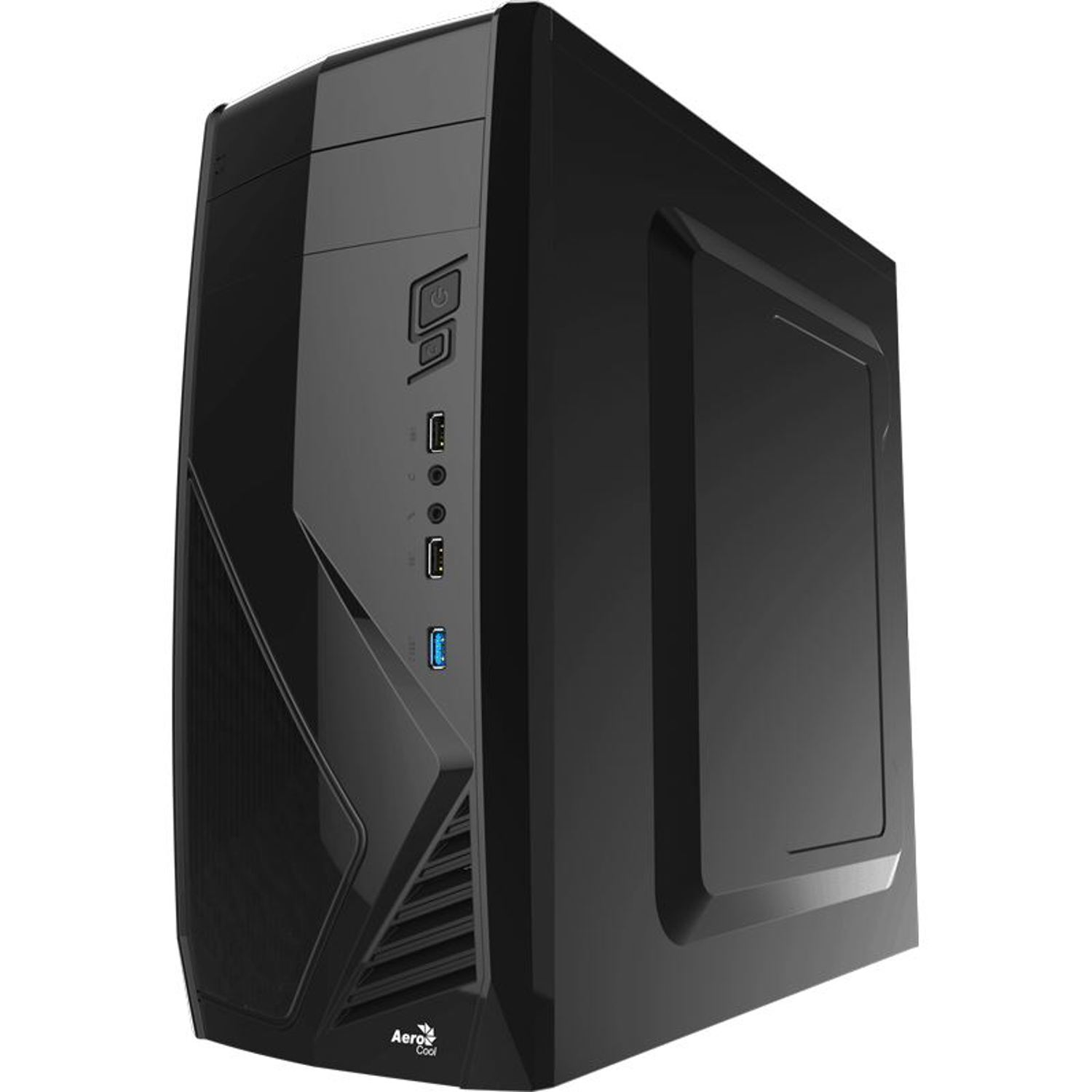 Boîtier d'ordinateur noir avec ports d'alimentation et USB visibles, logo Aerocool en bas.