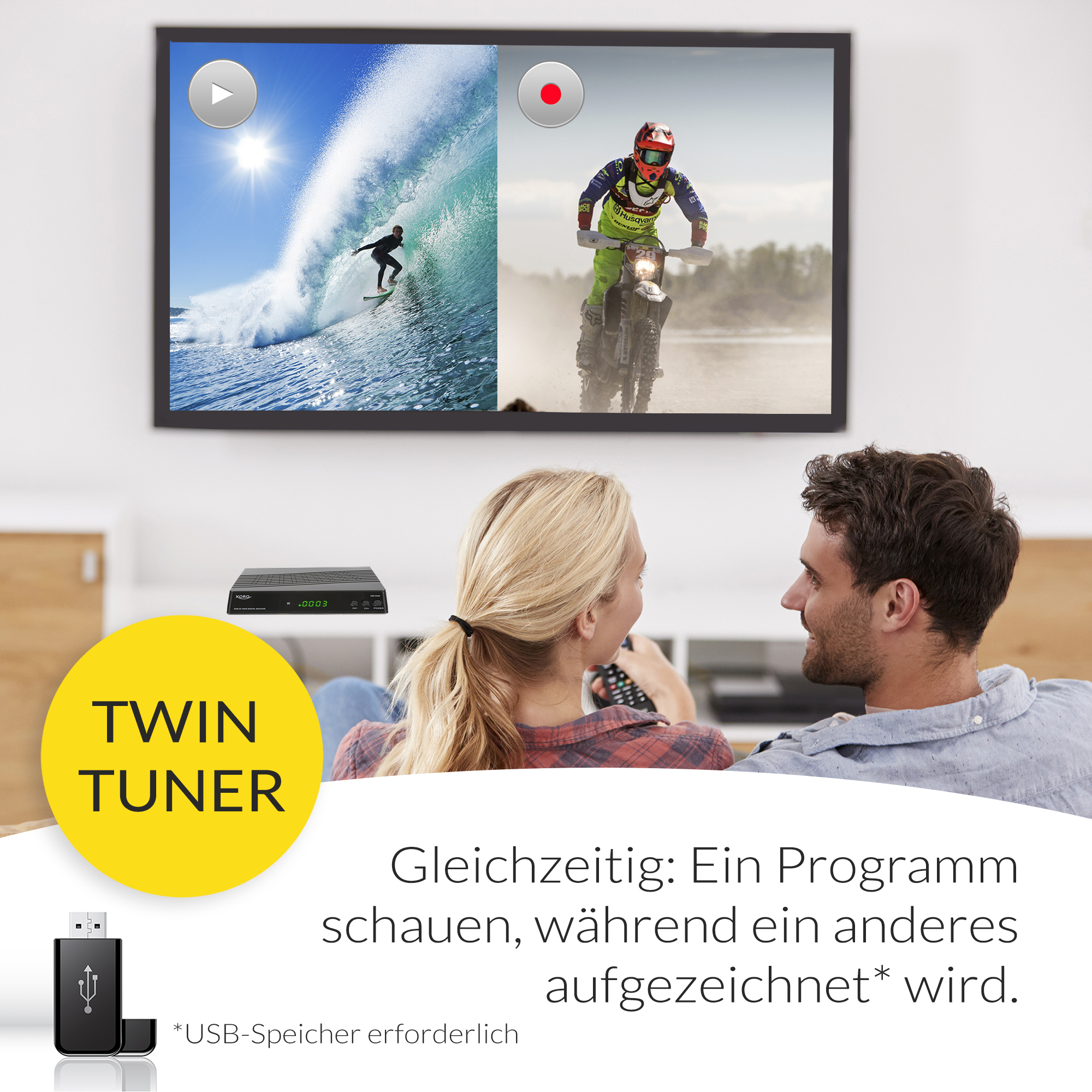 Ein Fernsehbildschirm mit zwei Bildern. Zwei Personen sitzen. Schwarzer Hintergrund.