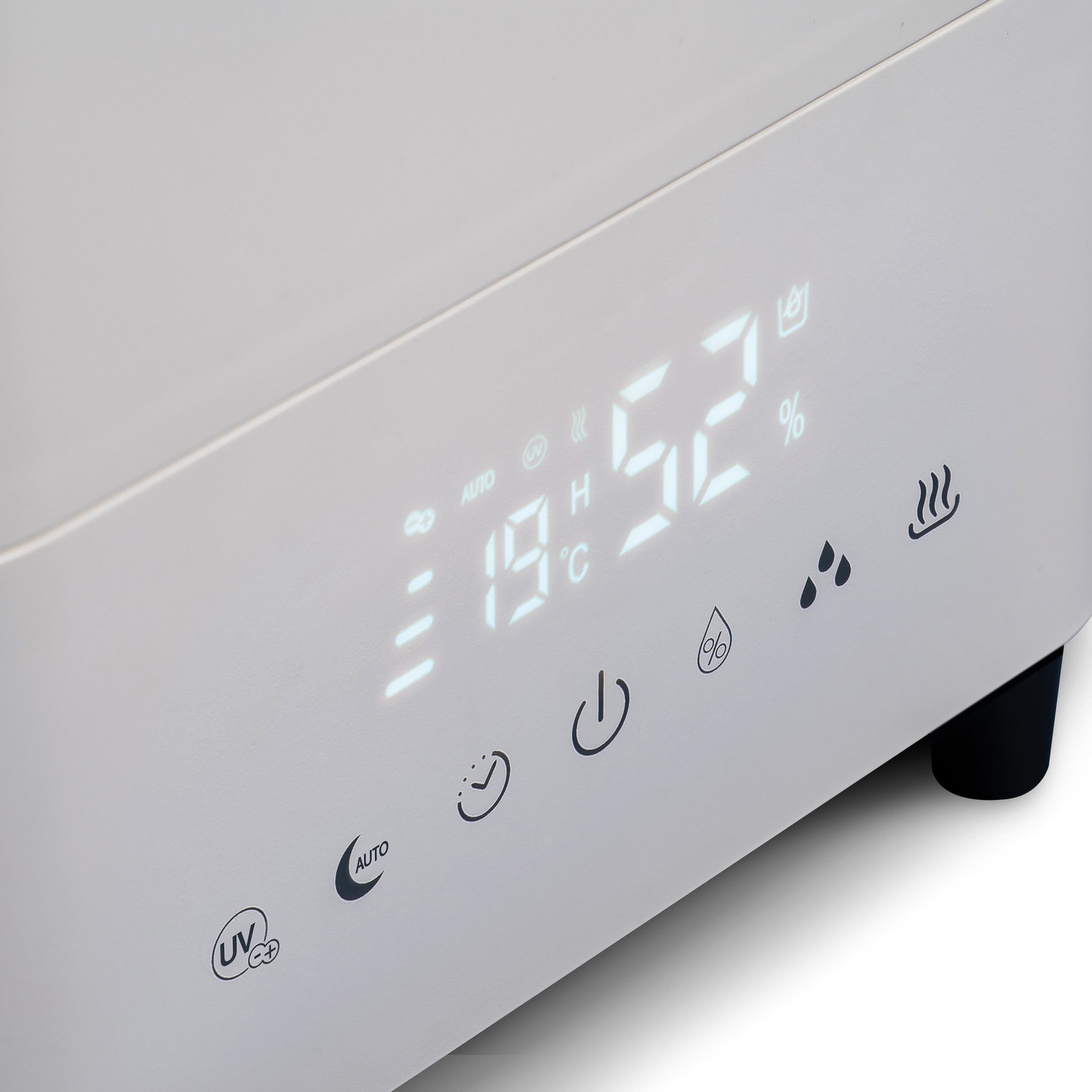 Biały panel sterowania nawilżacza, wyświetlający temperaturę, wilgotność i ikony funkcji.