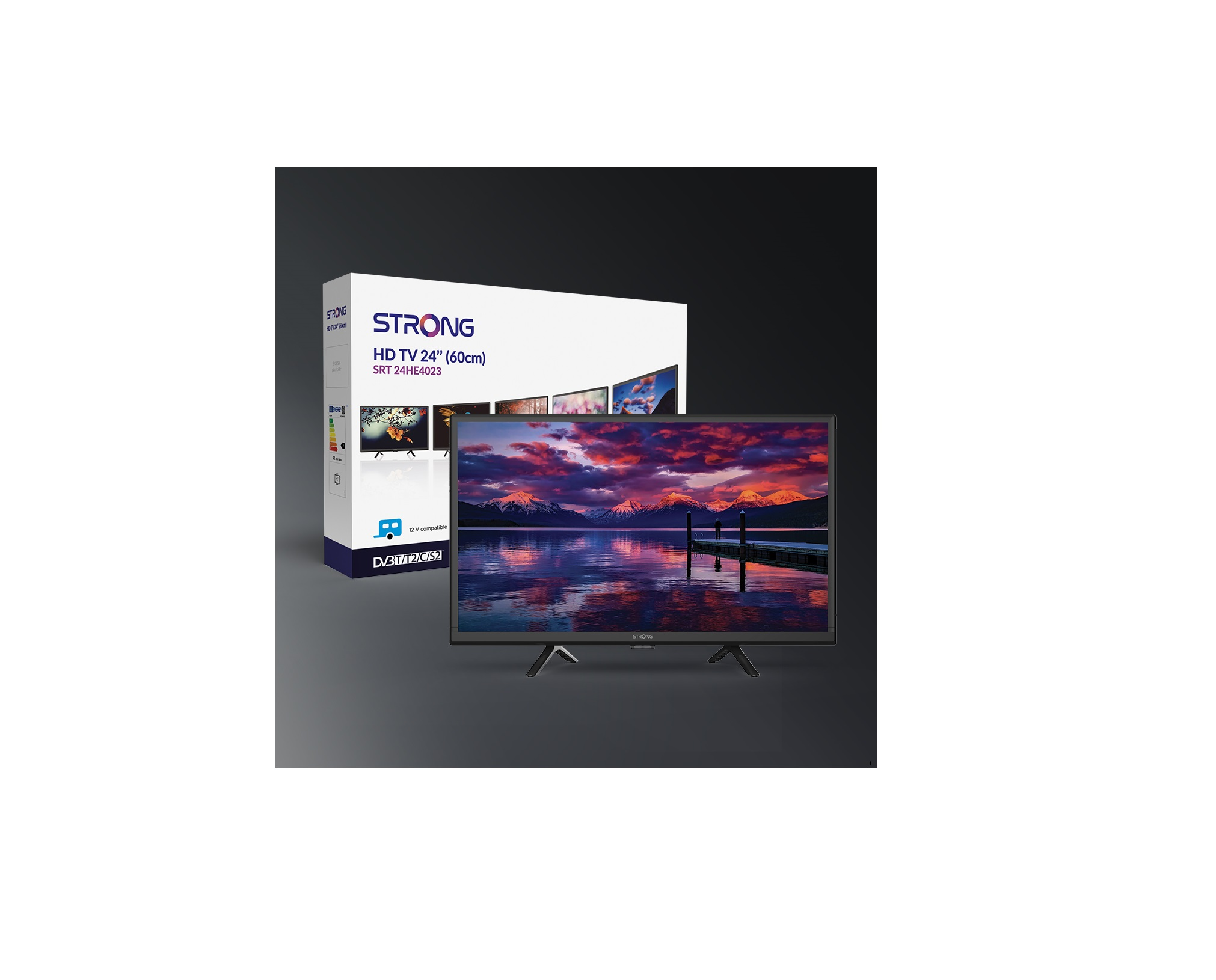 Pudełko TV z telewizorem wyświetlającym krajobraz. Pudełko TV pokazuje ekran telewizora.