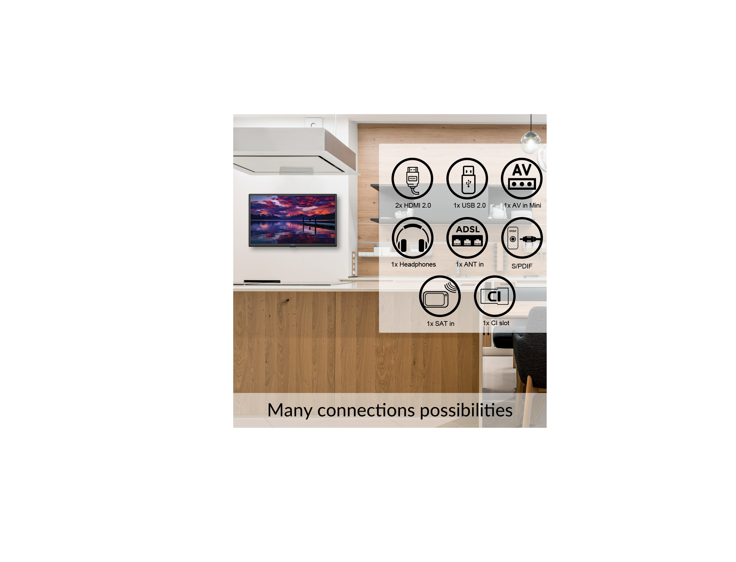 Schemat przedstawiający telewizor z różnymi portami połączeniowymi: HDMI, USB, AV, słuchawki, ADSL, SAT in, gniazdo CI i S/PDIF.