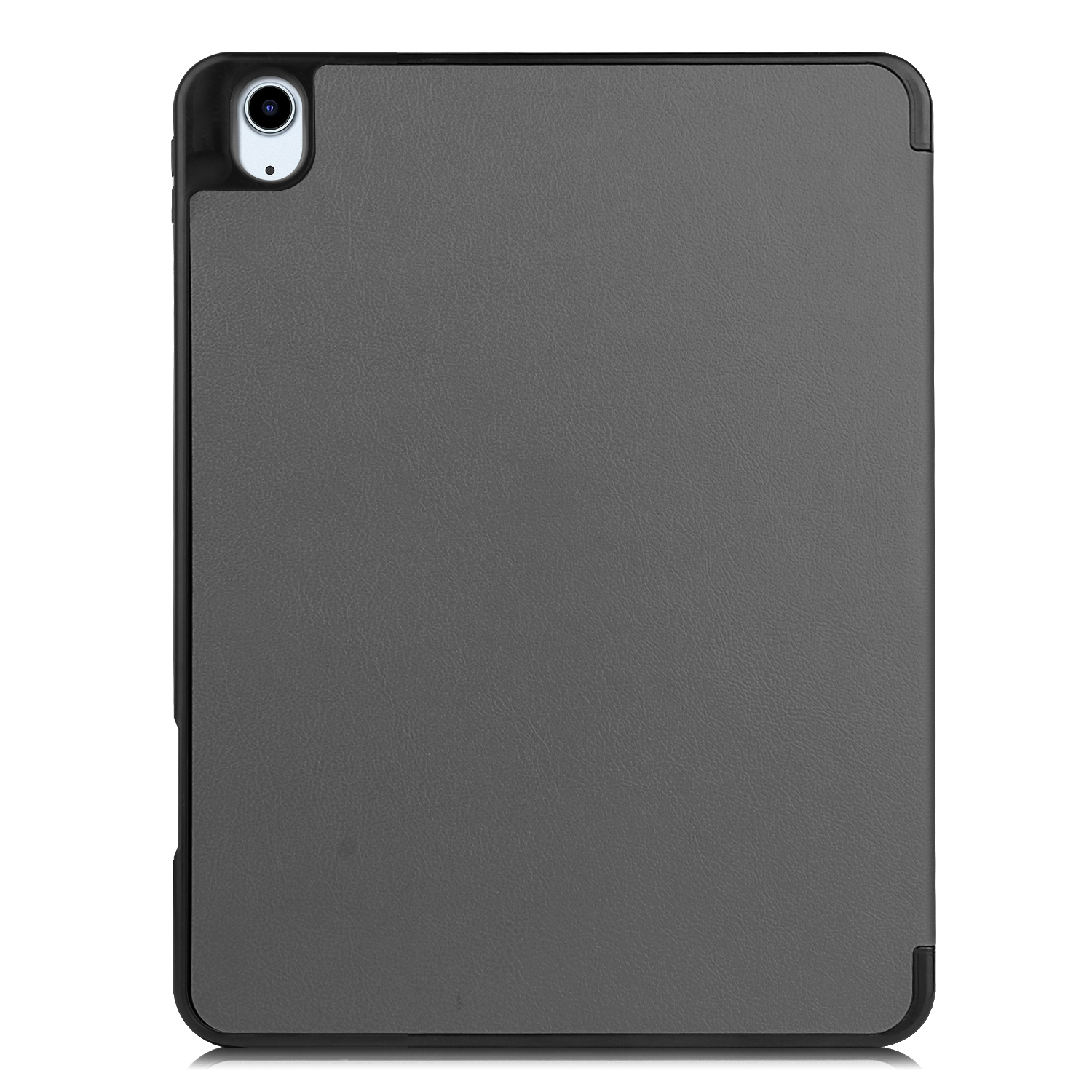 Graue iPad-Hülle mit schwarzem Rahmen und Kameraausschnitt.