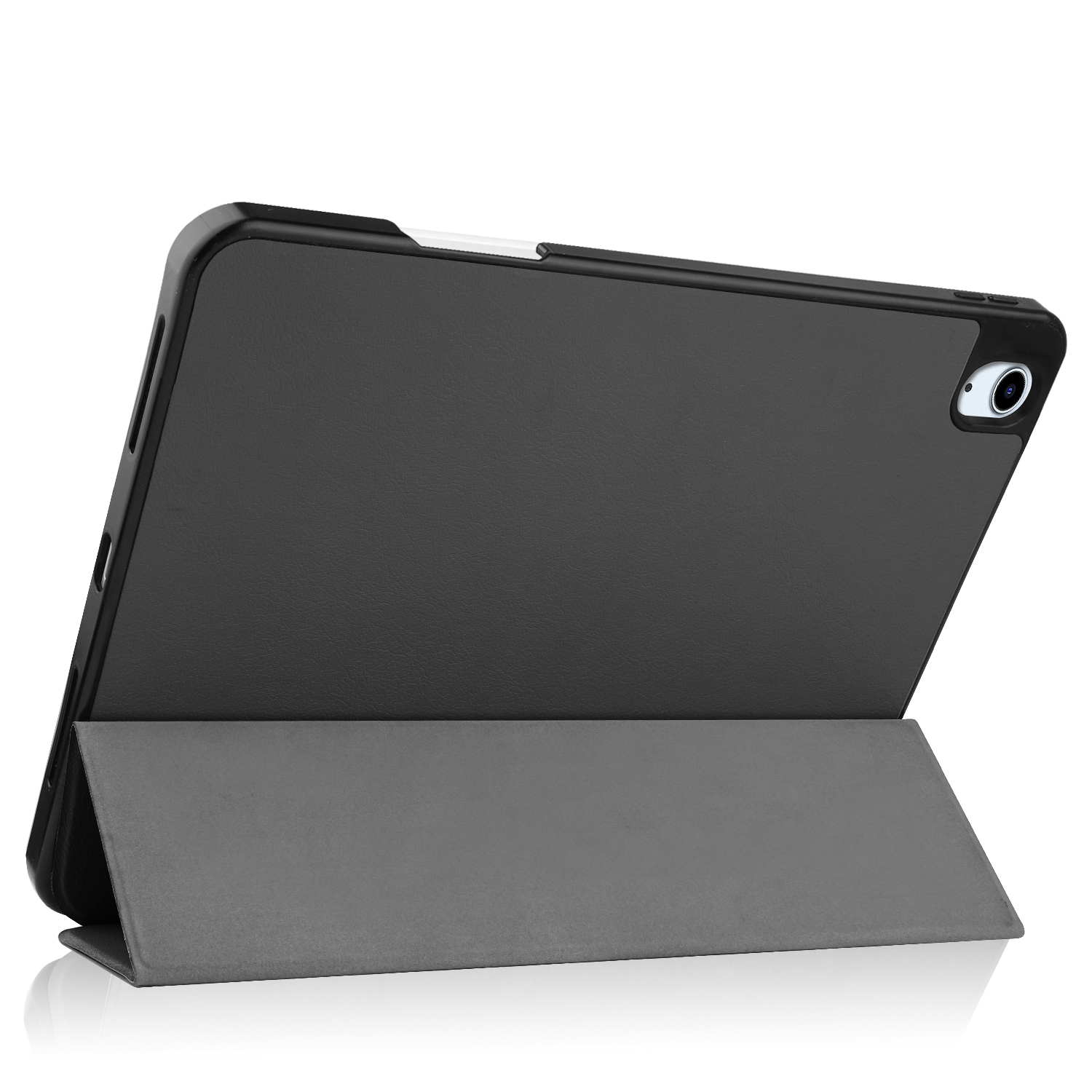 Schwarze Tablethülle, offen, zeigt einen Tablet-Bildschirm und einen grauen Ständer.