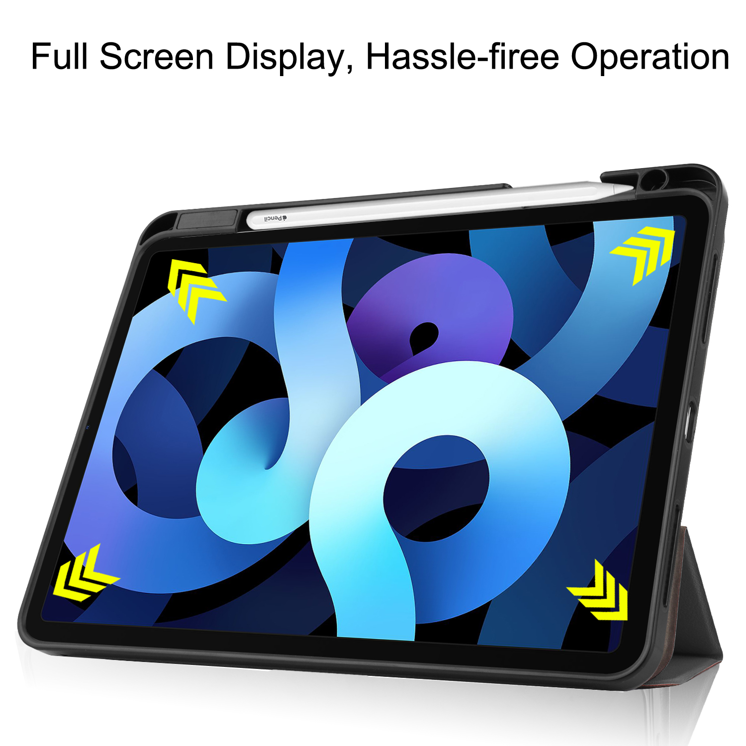 Tablet in einer Hülle mit Stift. Das Display zeigt ein blau-weißes Design.