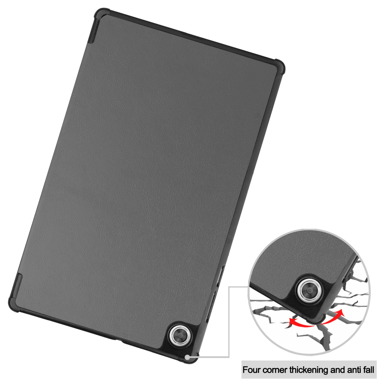 Eine graue Tablet-Hülle mit schwarzem Rand. Weißer Hintergrund.