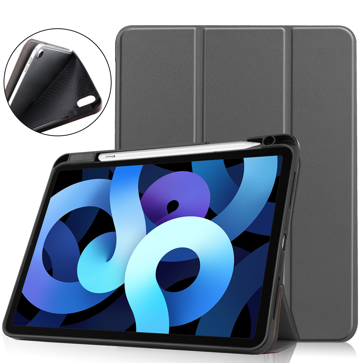 Graue Tablet-Hülle mit Tablet. Das Tablet hat einen blau-lila Bildschirm. Ein weißer Stift ist befestigt.