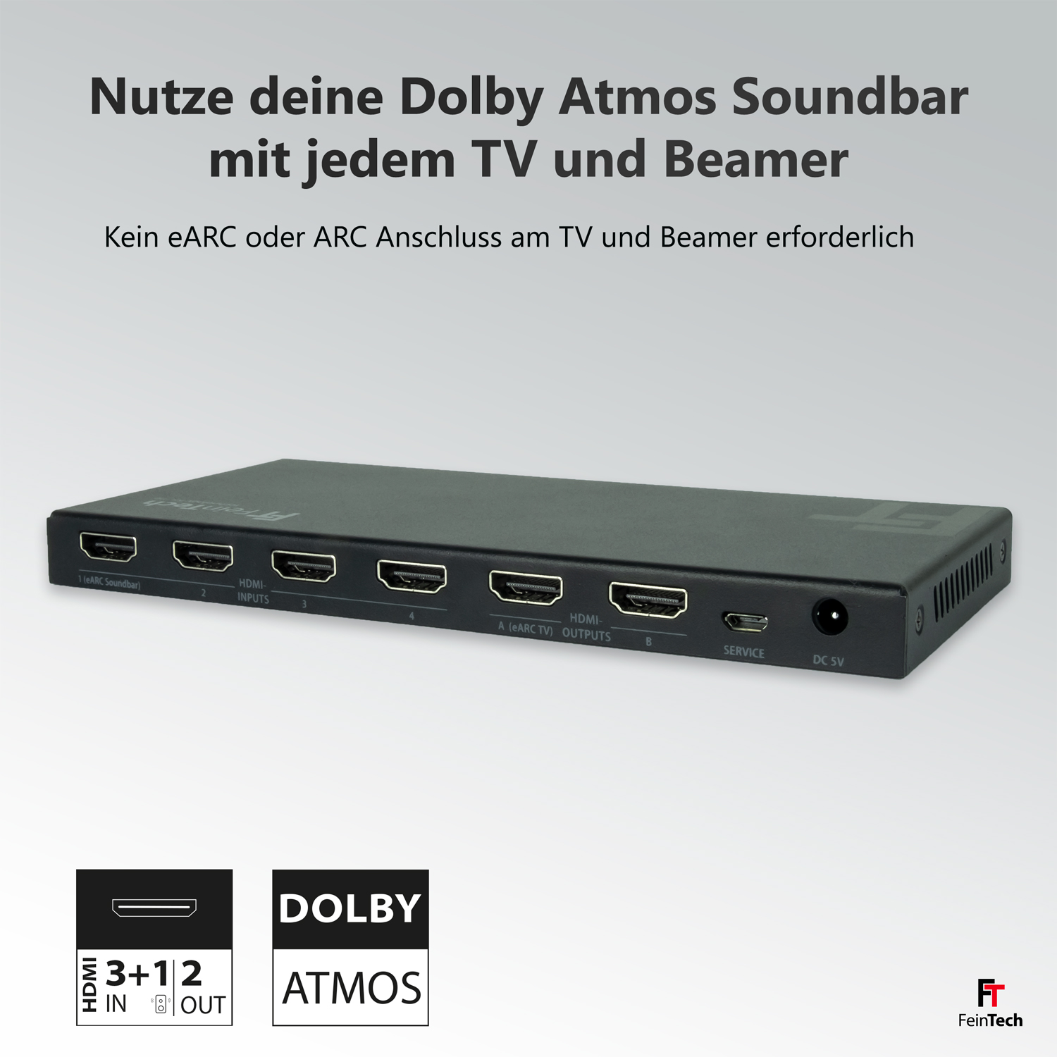 Schwarzes Gerät mit HDMI-Anschlüssen und Text-Overlay, Produktaufnahme.
