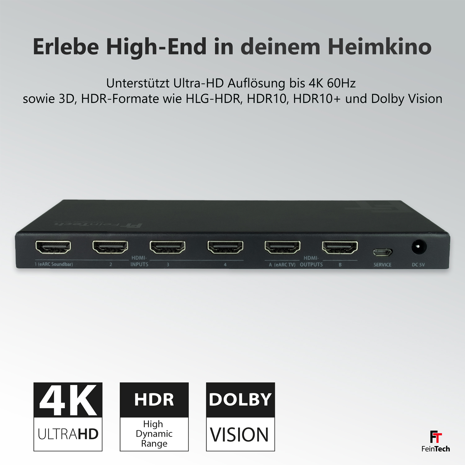 Schwarzes HDMI-Gerät mit Anschlüssen, beschrifteten HDMI-Eingängen und -Ausgängen sowie technischen Informationen.