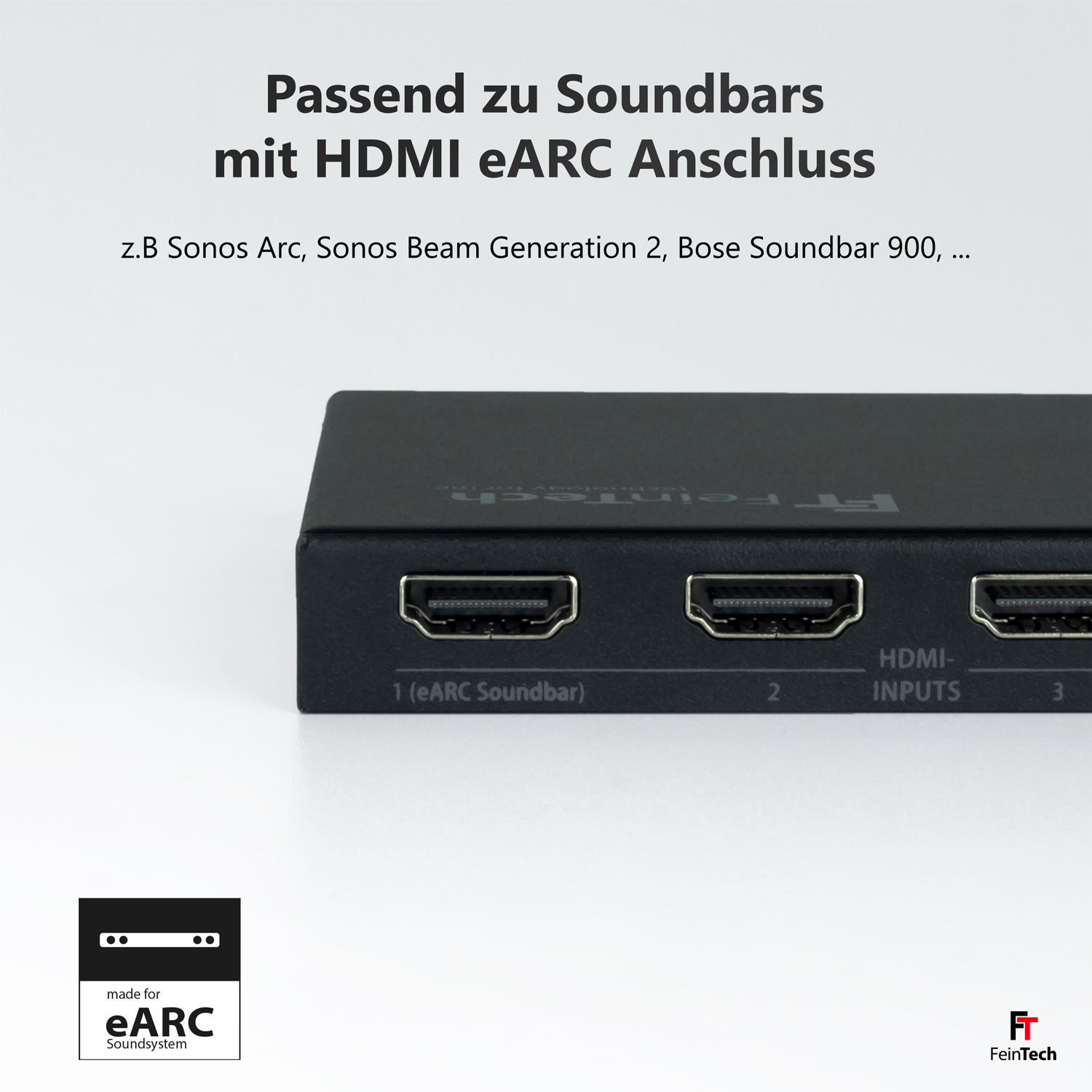 Ein schwarzer HDMI-Hub mit drei Anschlüssen und dem Text 'HDMI-INPUTS'.