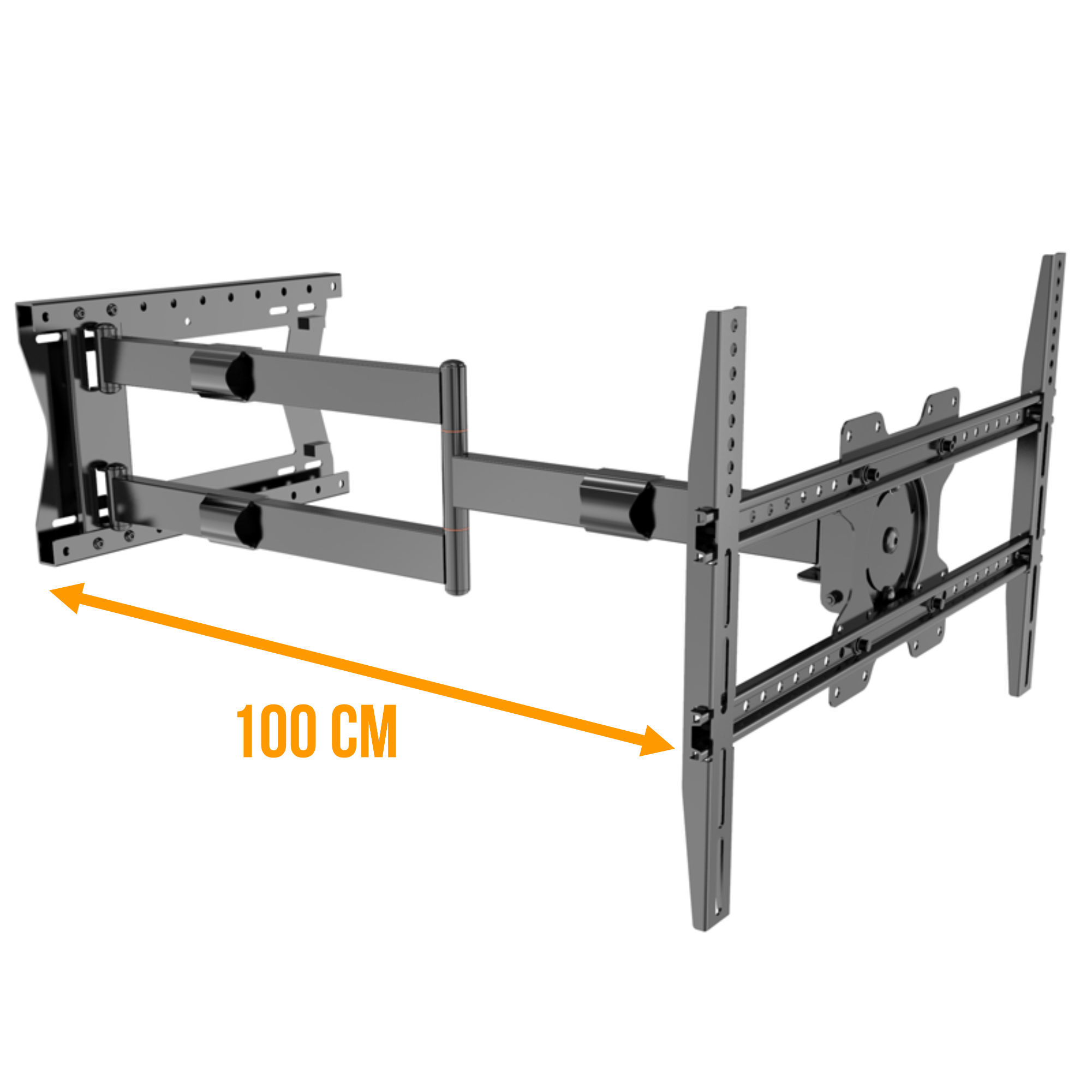 Czarny uchwyt ścienny do telewizora, ze strzałką pomiarową 100 cm.