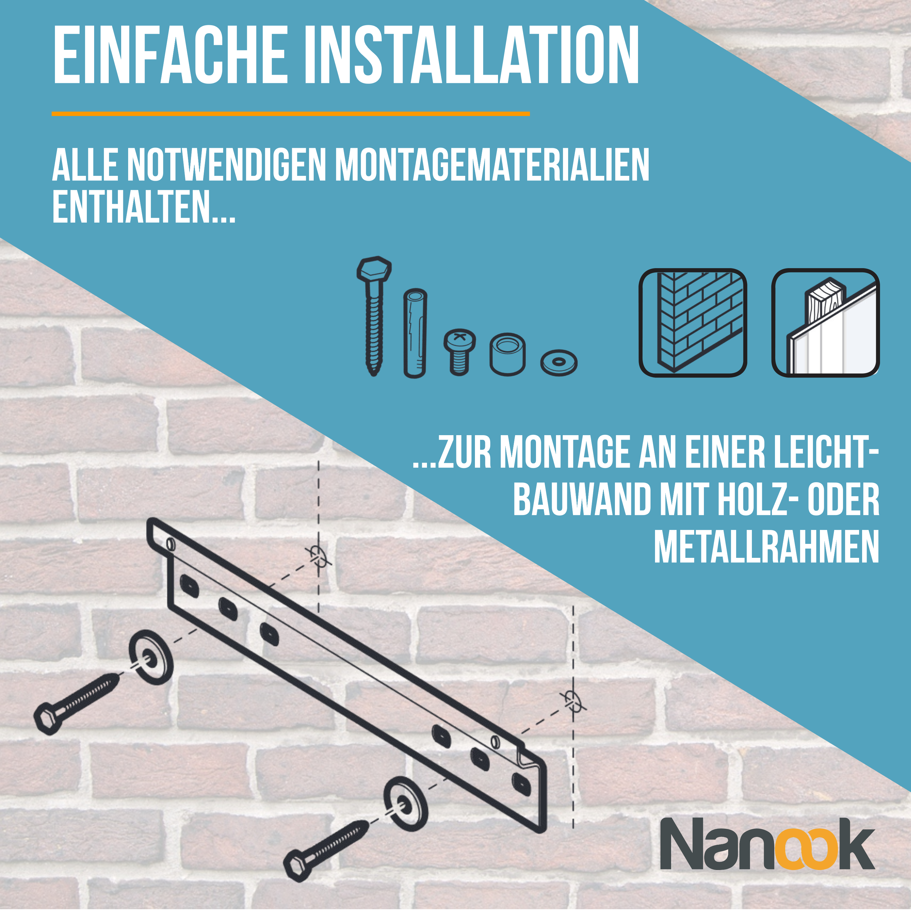 Obraz przedstawia sprzęt instalacyjny i tekst w języku niemieckim: prosta instalacja, zawiera materiały montażowe.