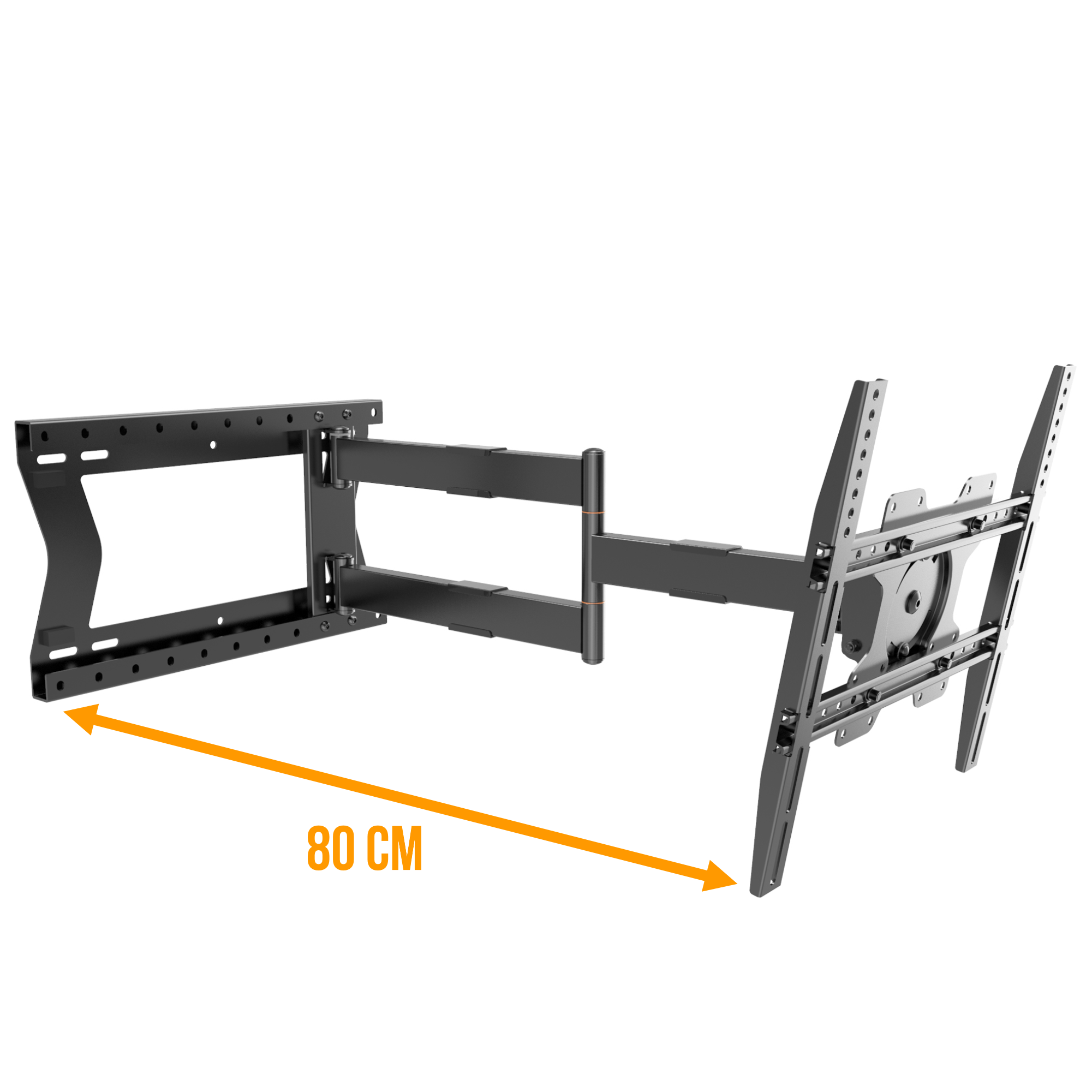 Czarny uchwyt ścienny do telewizora, z żółtą strzałką wskazującą długość 80 cm.
