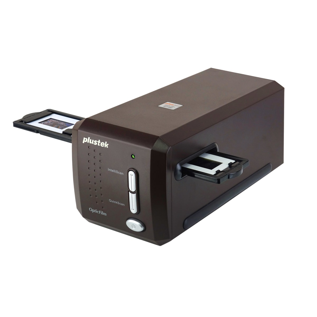 Scanner per pellicole Plustek OpticFilm marrone, diapositiva dentro e fuori.