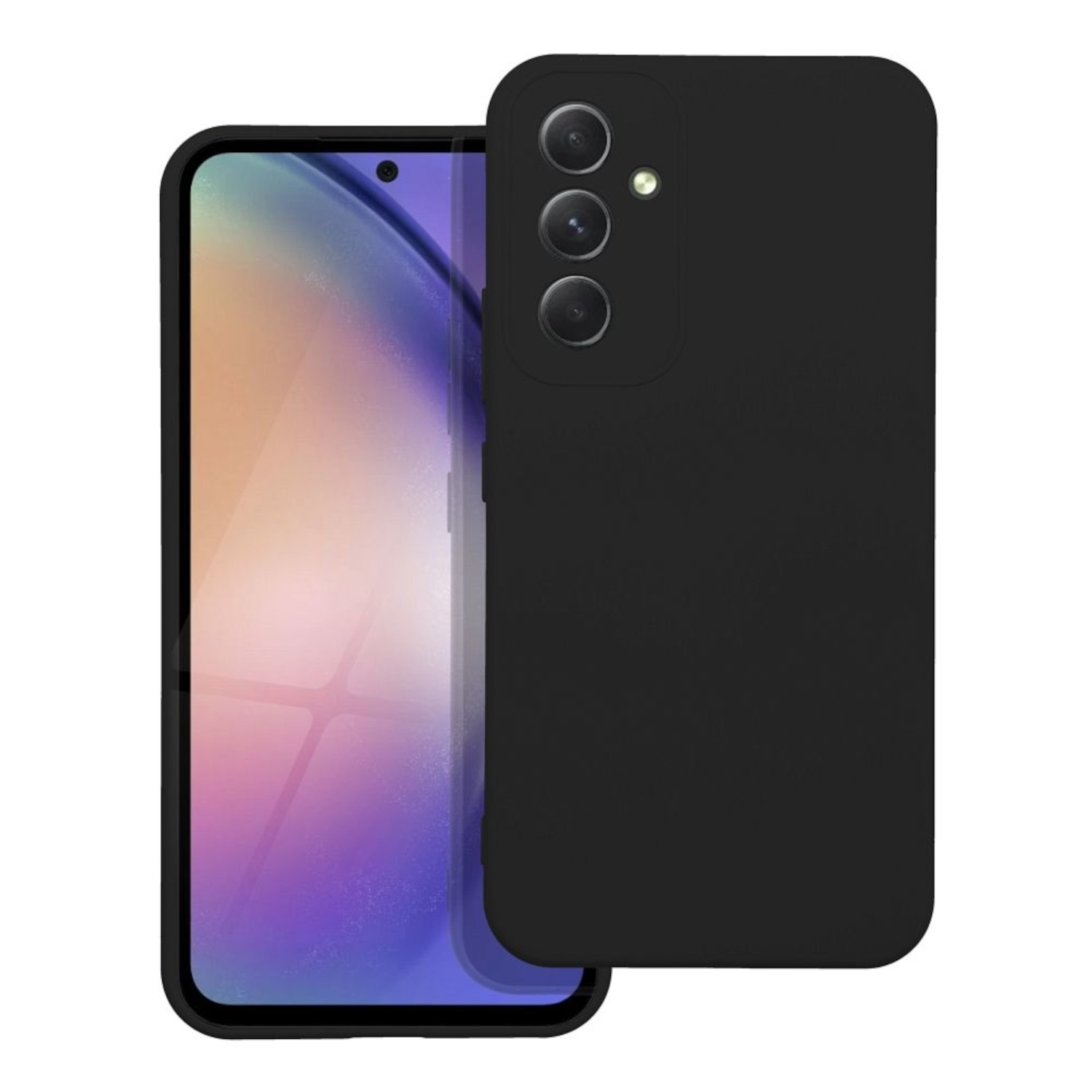 Schwarze Handyhülle auf einem Smartphone, Rückseite und Seite sichtbar, Kameraausschnitte vorhanden.