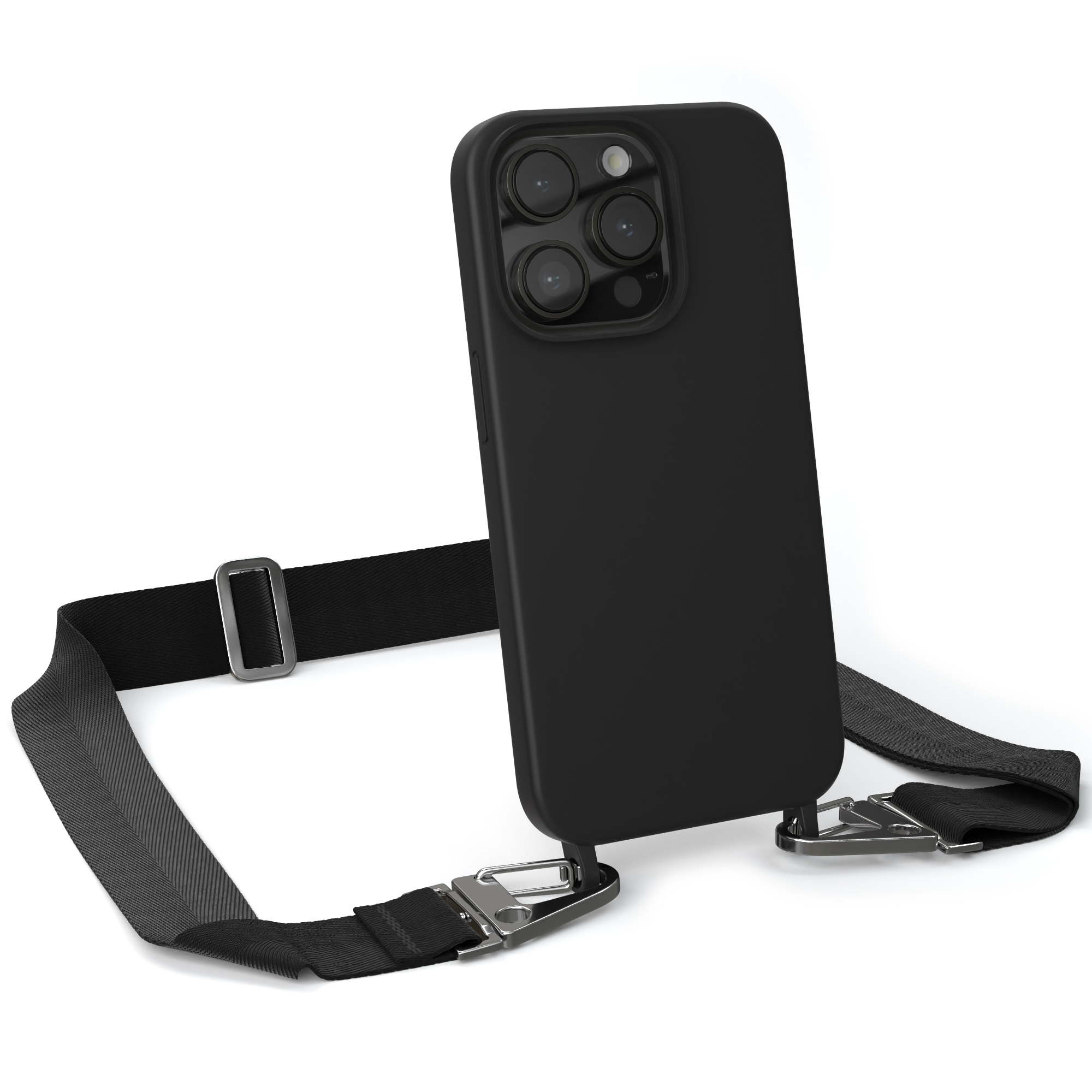 EAZY CASE Handy Kette Premium mit Silikon Apple, Pro, Schwarz 14 Silber / Karabiner iPhone Umhängetasche, Breit Hülle
