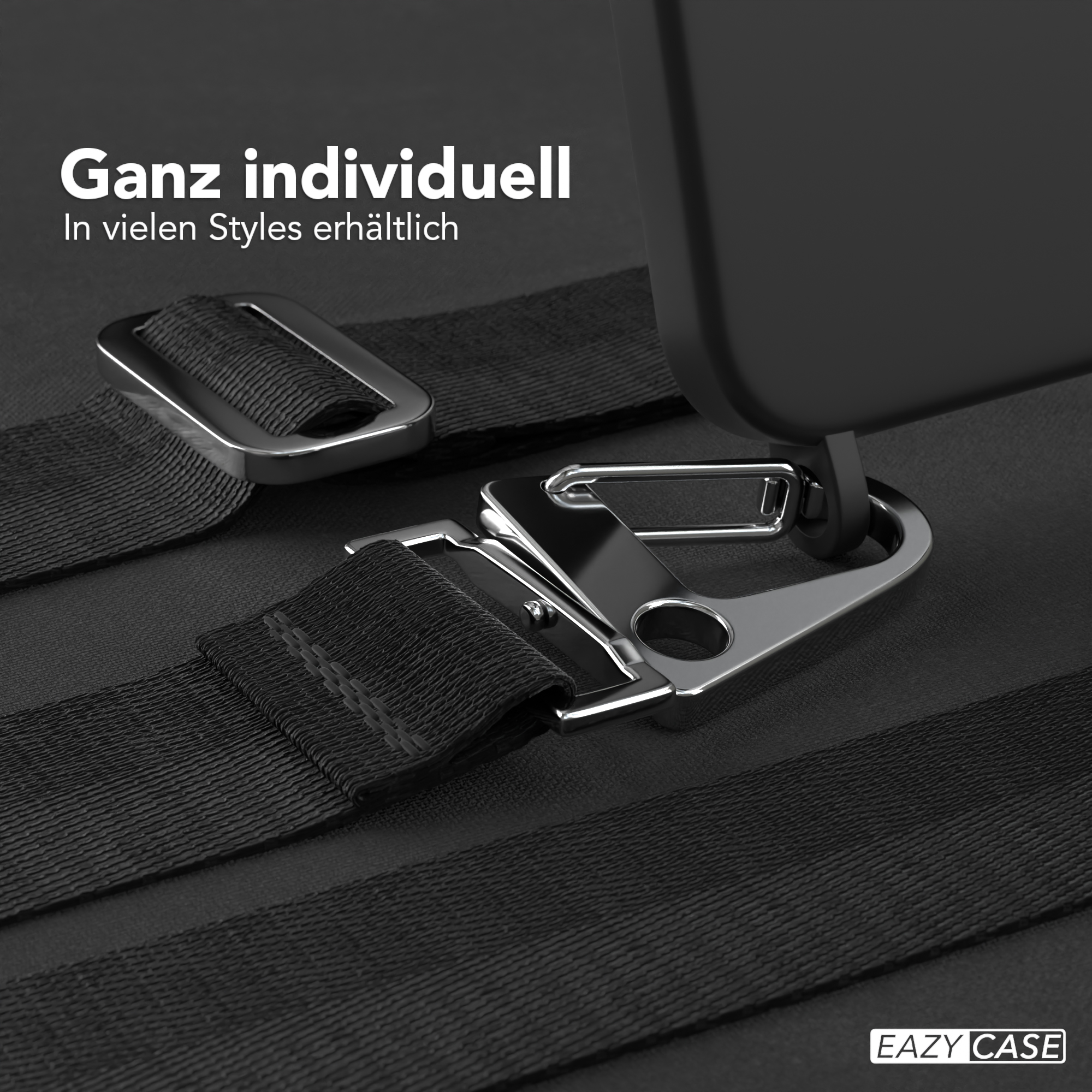 Eine schwarze Handyhülle mit Metallverschluss und Riemen wird gezeigt.