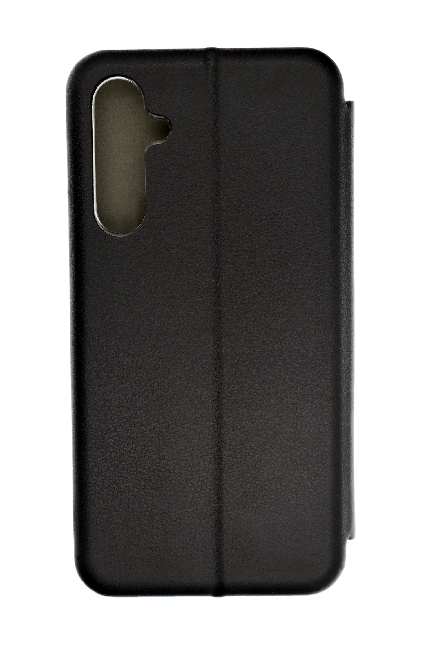 Schwarze Handyhülle, geschlossen. Die Hülle hat eine glatte, lederartige Textur und bedeckt das Telefon.