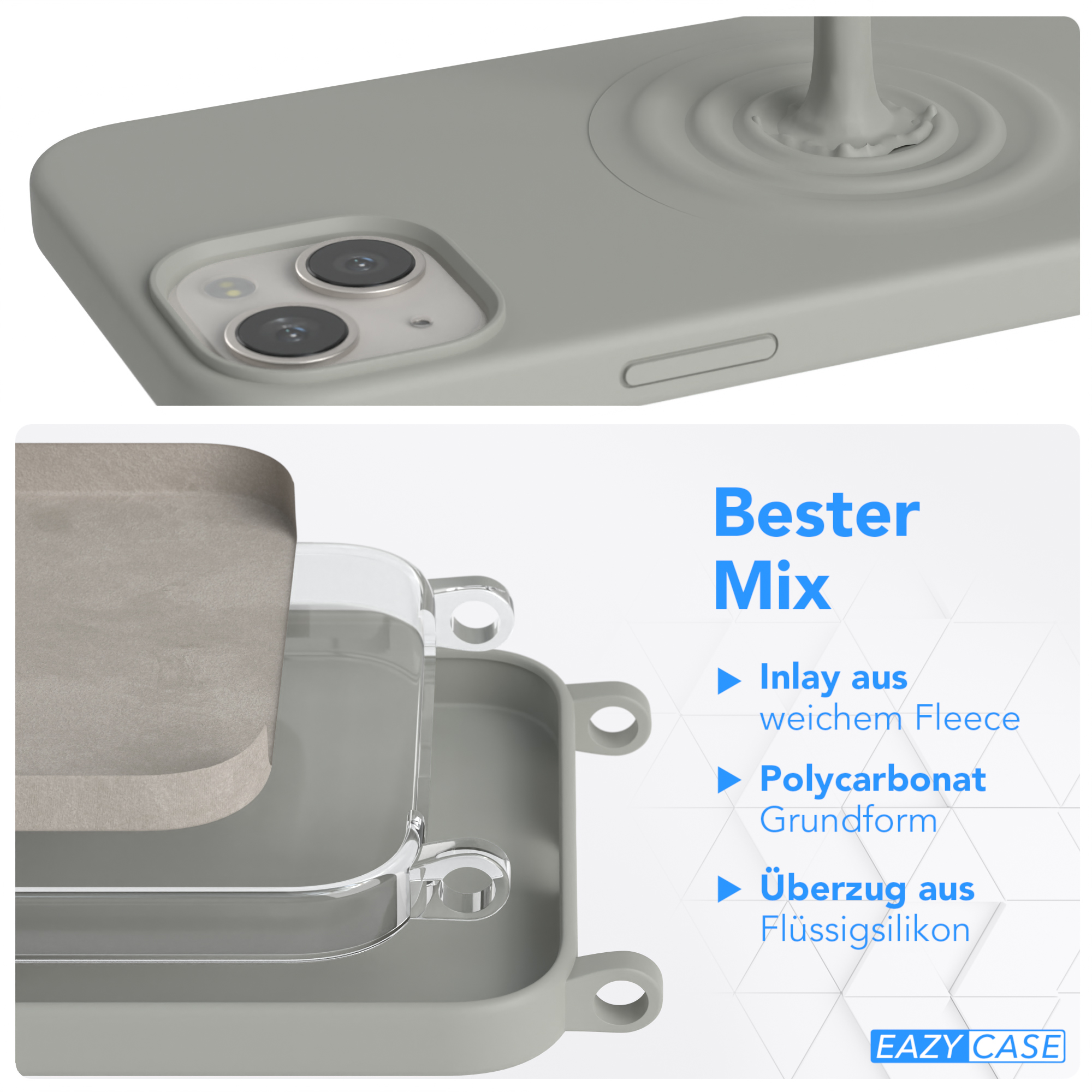 Graue Handyhülle mit Kameraaussparung und Flüssigkeitsspritzer-Design.