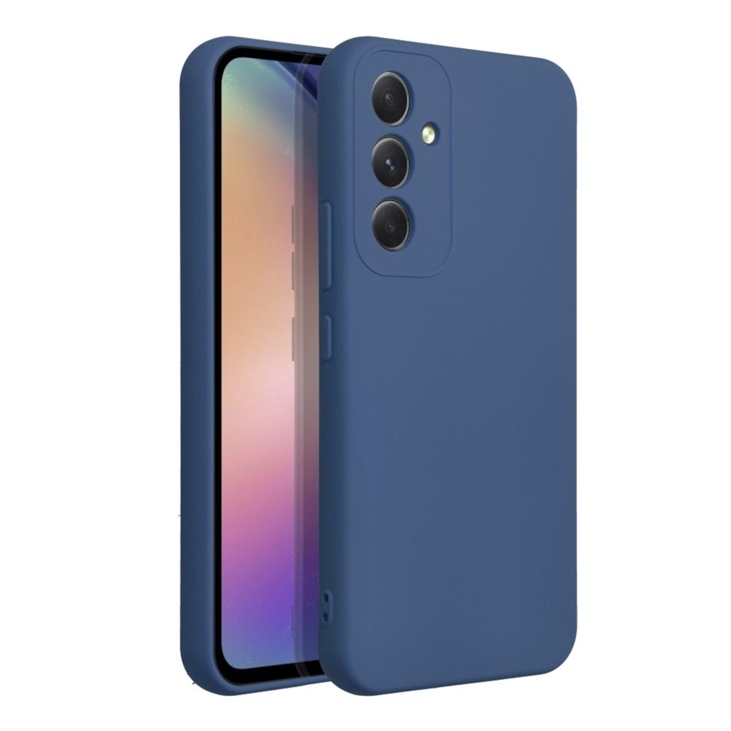 Blaue Handyhülle mit Telefon. Die Hülle hat drei Kameraöffnungen und Lautstärketasten.