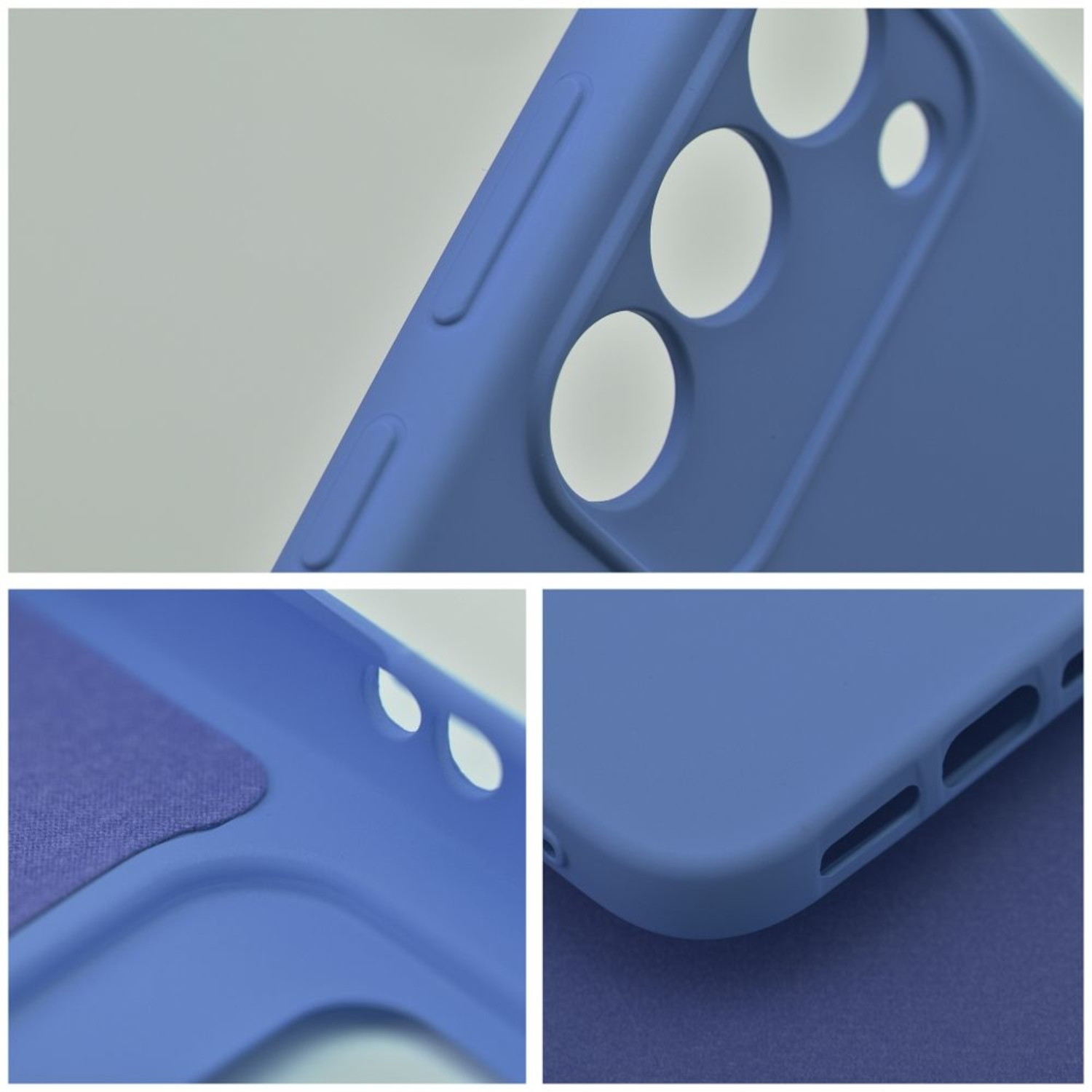 Nahaufnahme einer blauen Handyhülle mit Kameraausschnitten und Seitentasten. Weißer Hintergrund.