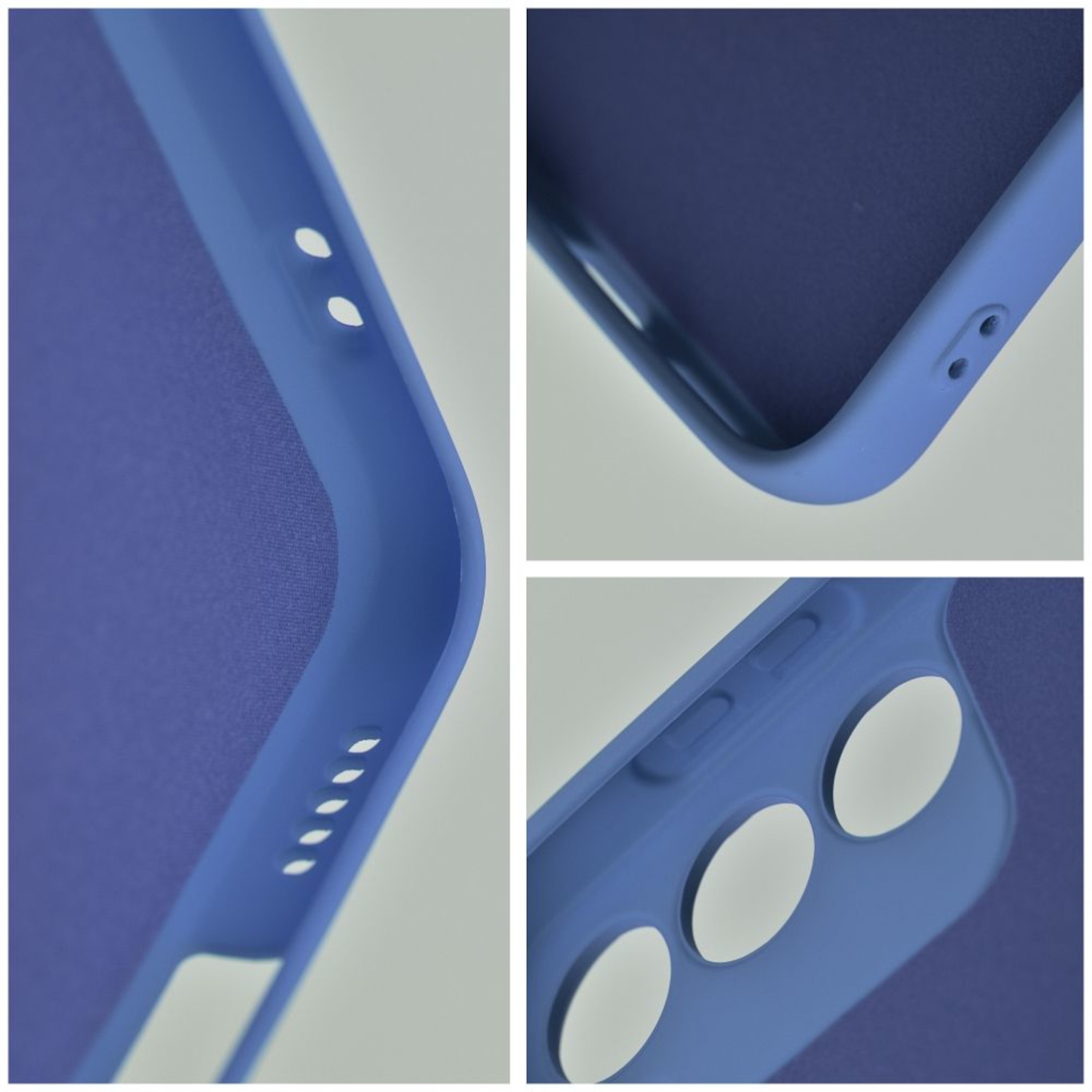 Nahaufnahmen einer blauen Handyhülle. Verschiedene Winkel zeigen Details wie Knöpfe und Kanten.