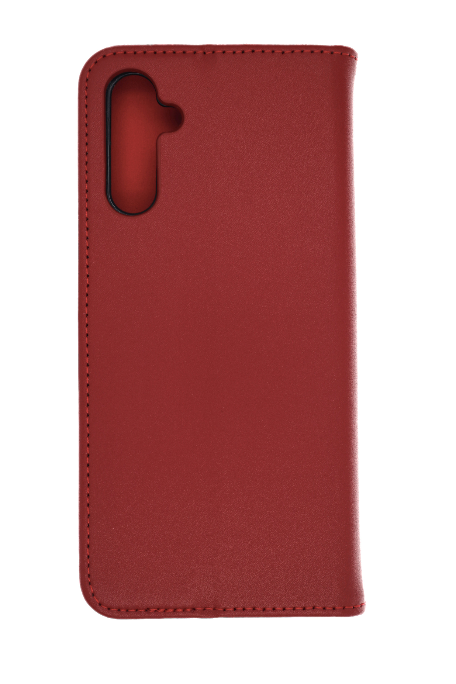 Eine rote Handyhülle mit Kameraausschnitt und Nähten. Die Hülle ist rot und hat eine glatte Textur.