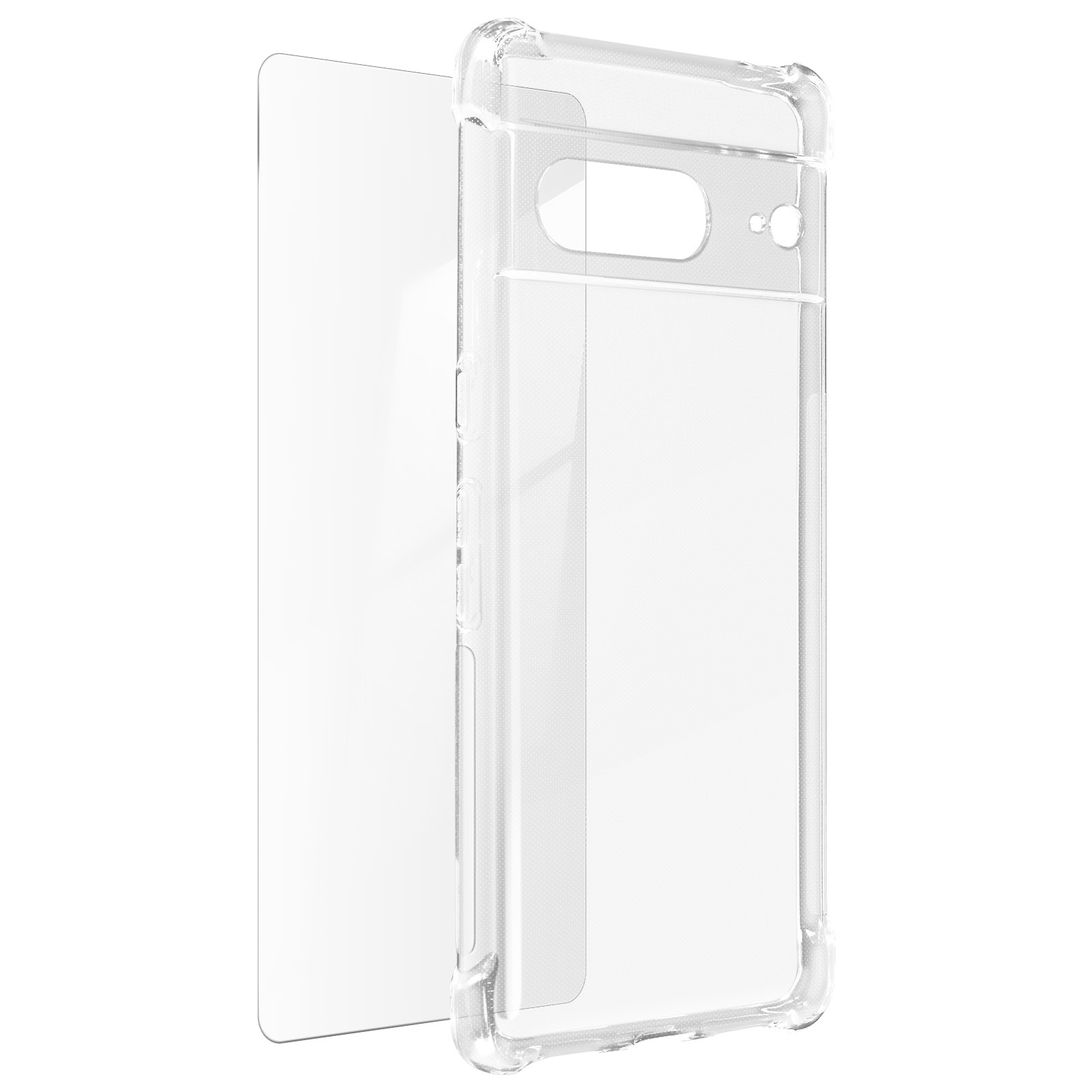 Coque de téléphone transparente avec protecteur d'écran, sur une surface blanche.