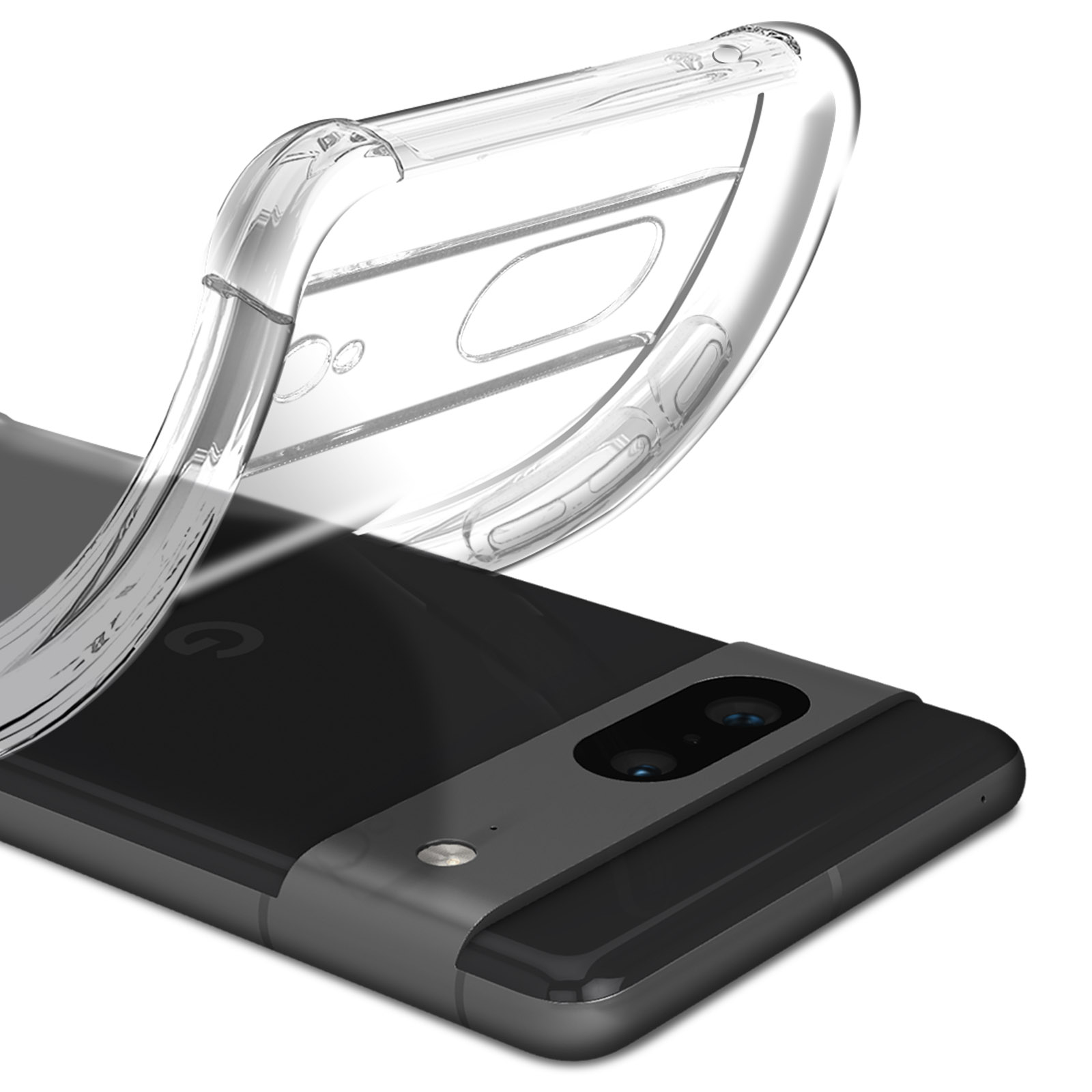 Un téléphone portable avec une coque transparente. Le téléphone a deux caméras et un cadre noir.