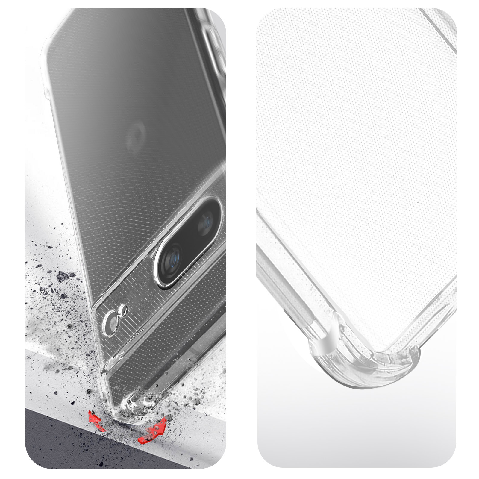 Gros plan sur une coque de téléphone transparente. Des débris rouges sont visibles en bas à gauche.