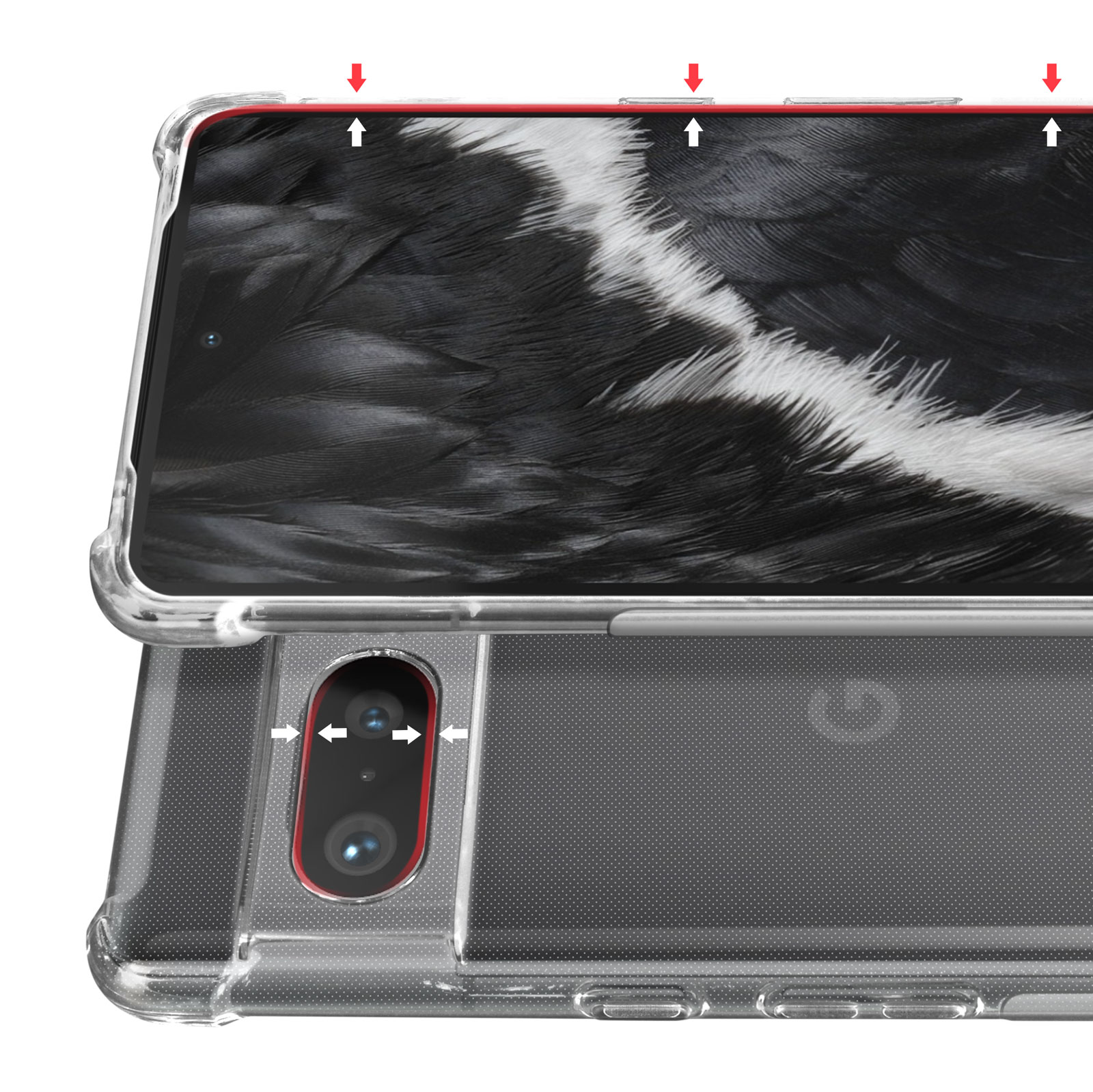 Une coque de téléphone transparente avec un téléphone à l'intérieur. L'étui a des détails rouges et des flèches.