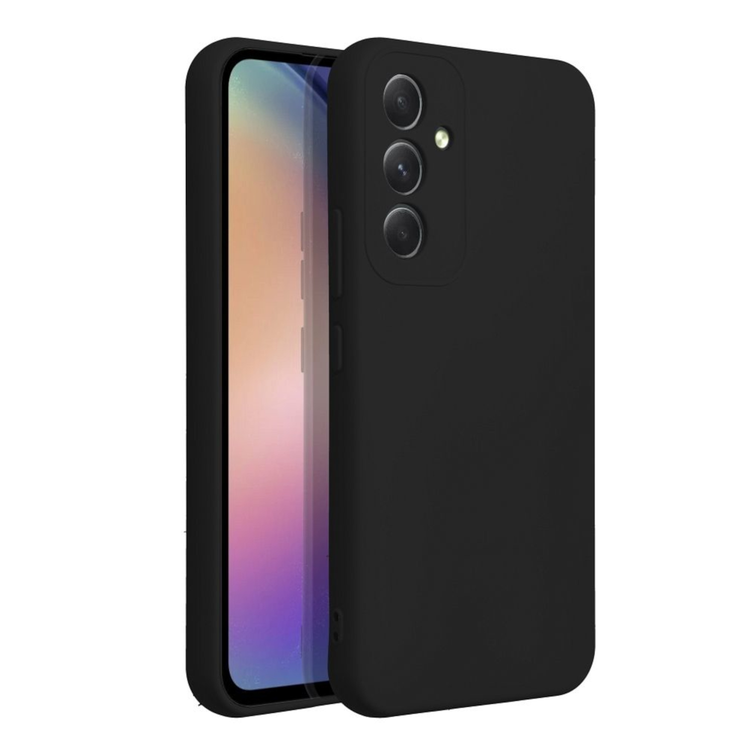 Eine schwarze Handyhülle mit einem Telefon darin, das den Bildschirm zeigt.