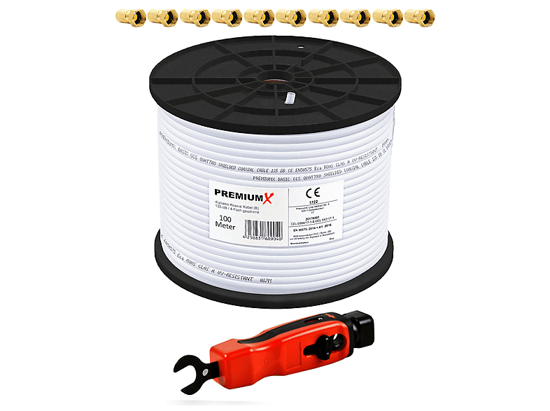 PremiumX 100m BASIC Koaxialkabel 135dB 4-fach SAT Antennenkabel Koax-Kabel Satellitenkabel RG6 Kabelschneider | Sat-Technik - Kabel - Netzwerk Und Mehr