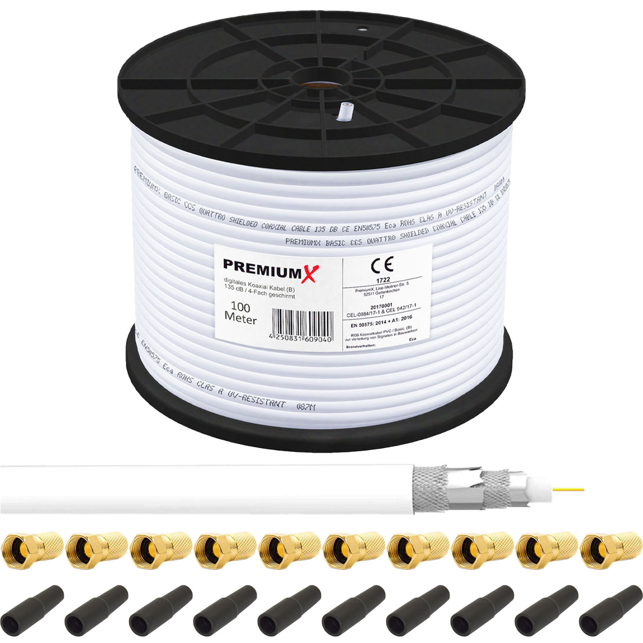 PREMIUMX 100m BASIC Koaxialkabel 135dB Tülle Antennenkabel 10x SAT F-Stecker Kabel 4-fach