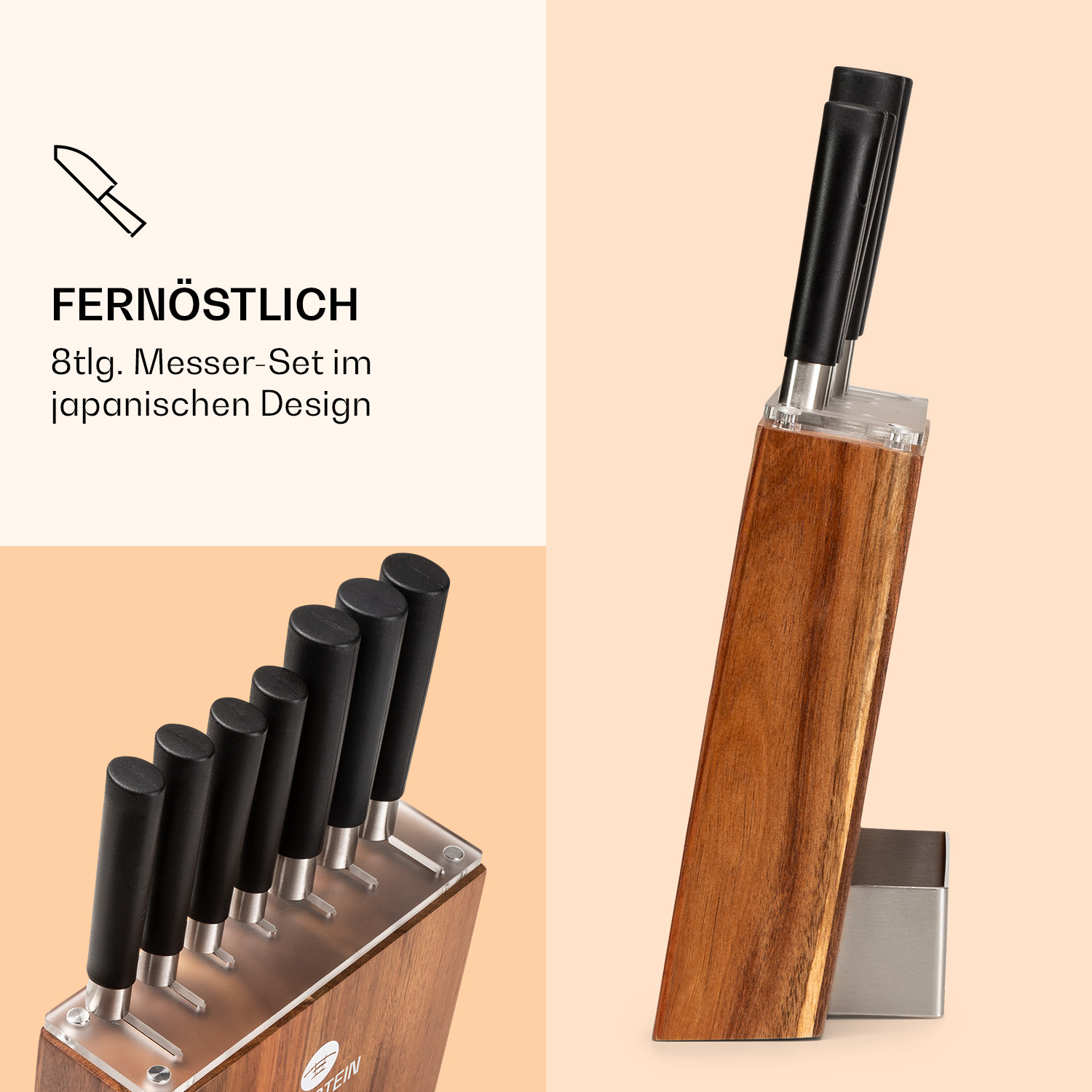 Ein Messer-Set in einem Holzblock mit schwarzen Griffen, japanisches Design. Auf Pfirsichgrund.